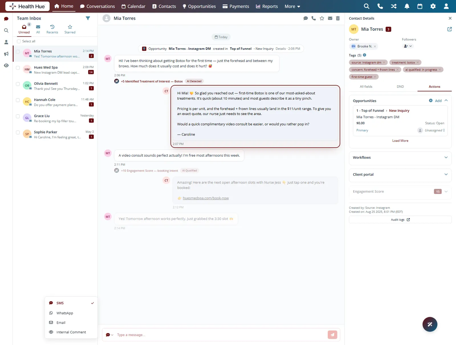 Hue AI replying to a new patient the moment they message, with the instant first response highlighted in the thread.
