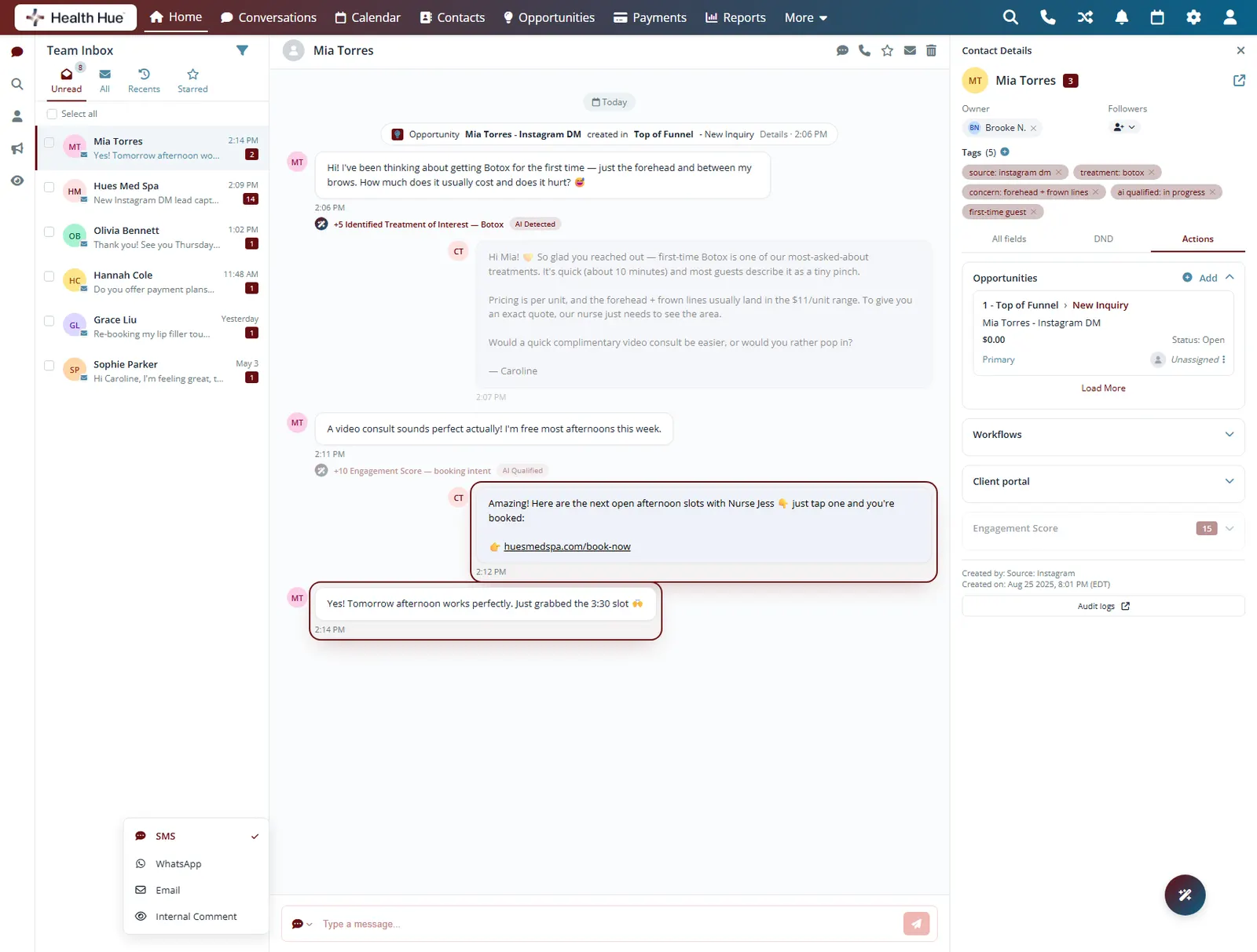 Hue AI booking the consultation, the booking link and the patient grabbing an open time highlighted in the thread.