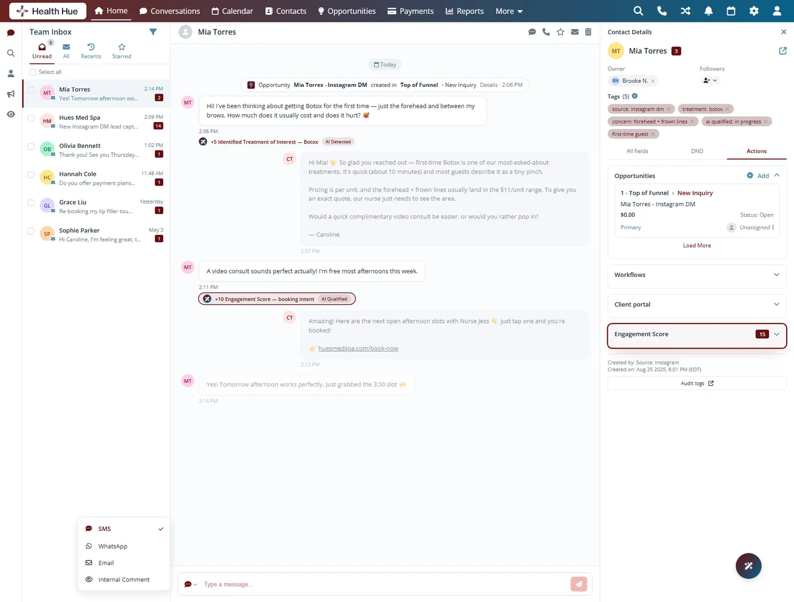 Hue AI qualifying the lead, the engagement score and AI Qualified badge highlighted as it scores booking intent.