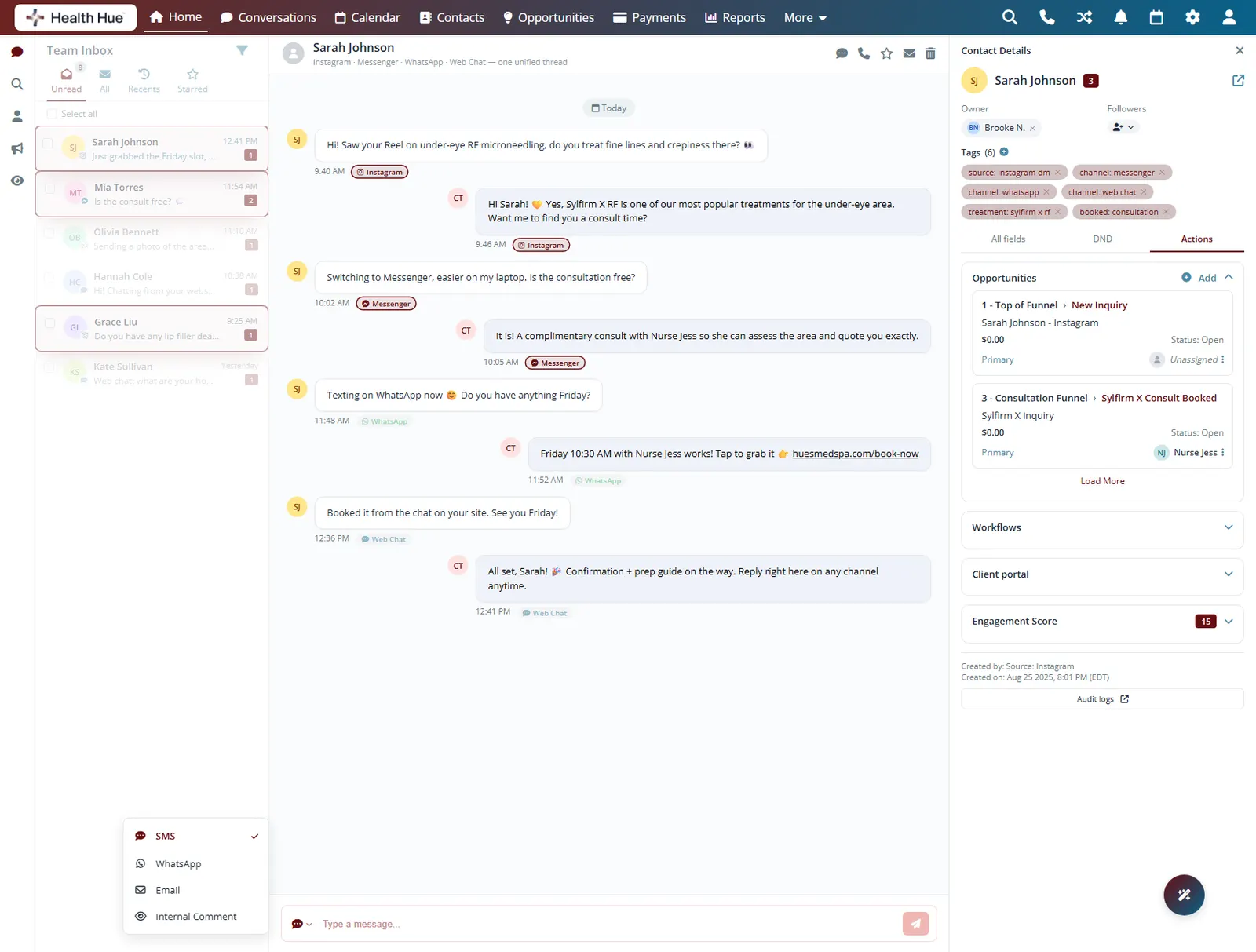 The Health Hue Hub inbox with the Instagram and Facebook Messenger messages highlighted in one patient thread.