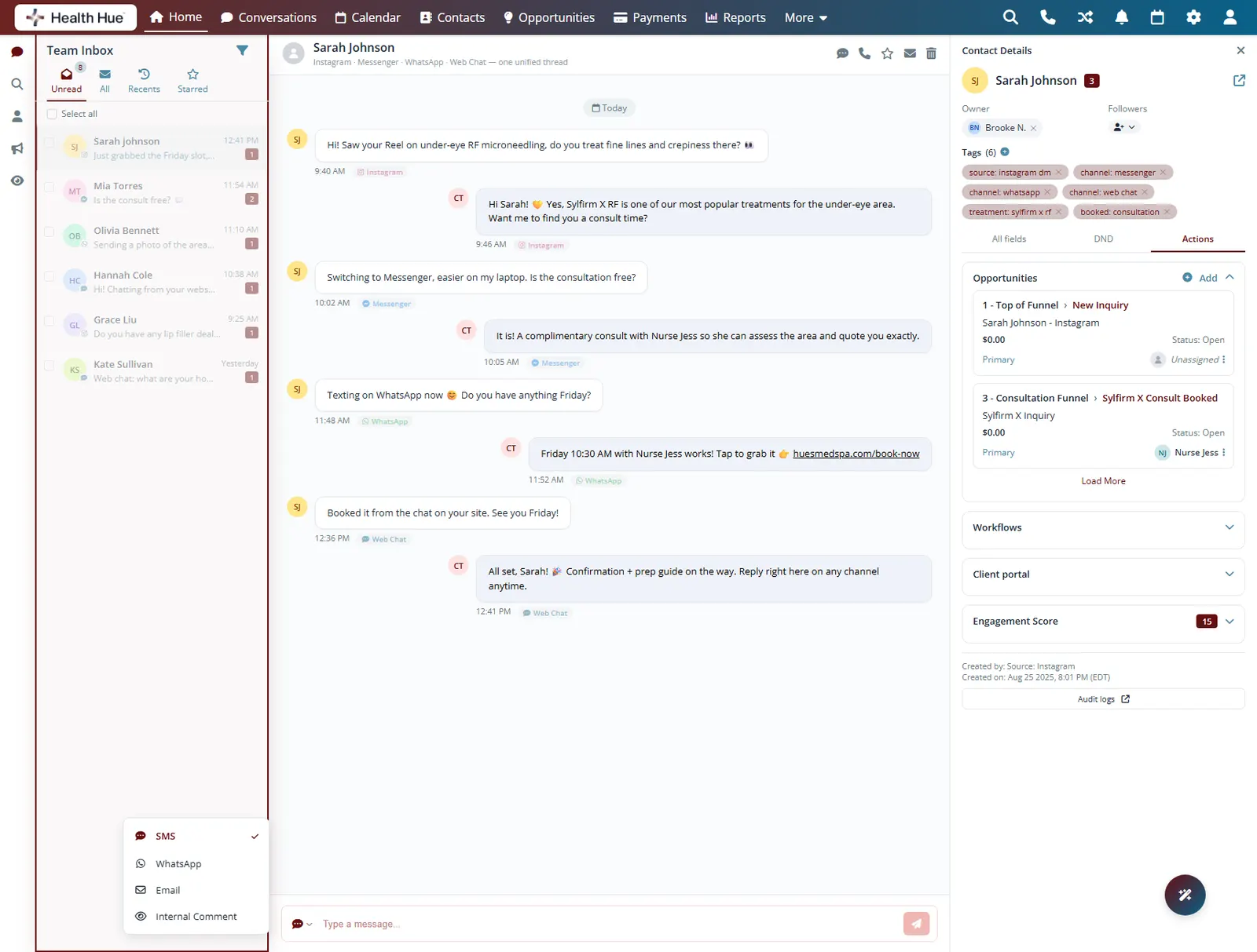 The Health Hue Hub shared Team Inbox highlighted, every social message in one place for the whole team.