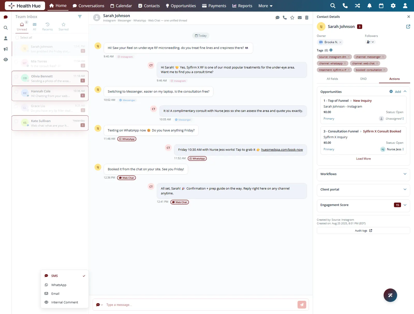 The Health Hue Hub inbox with the WhatsApp and website web chat messages highlighted in the same thread.