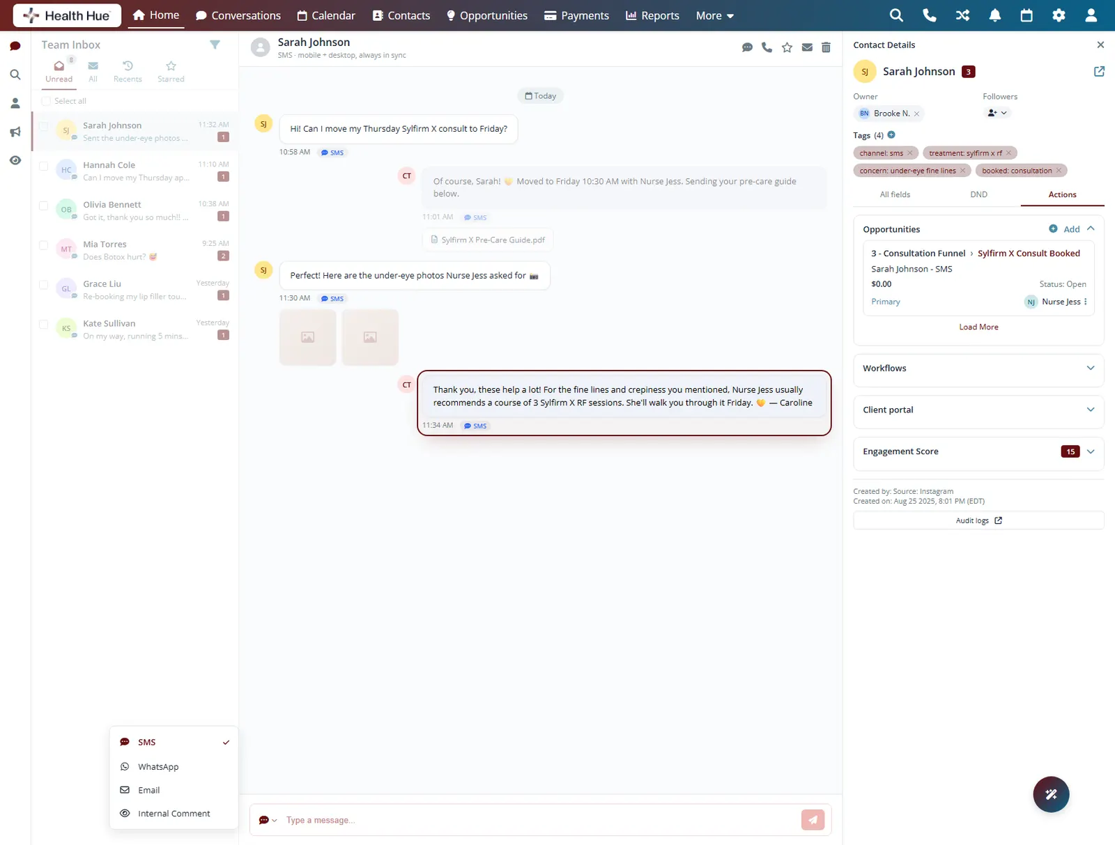 The Health Hue Hub inbox with a personalized, treatment-specific reply to the patient highlighted.