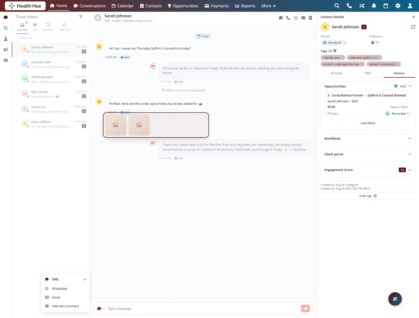 The Health Hue Hub inbox with a patient's photo attachments highlighted in the text thread.