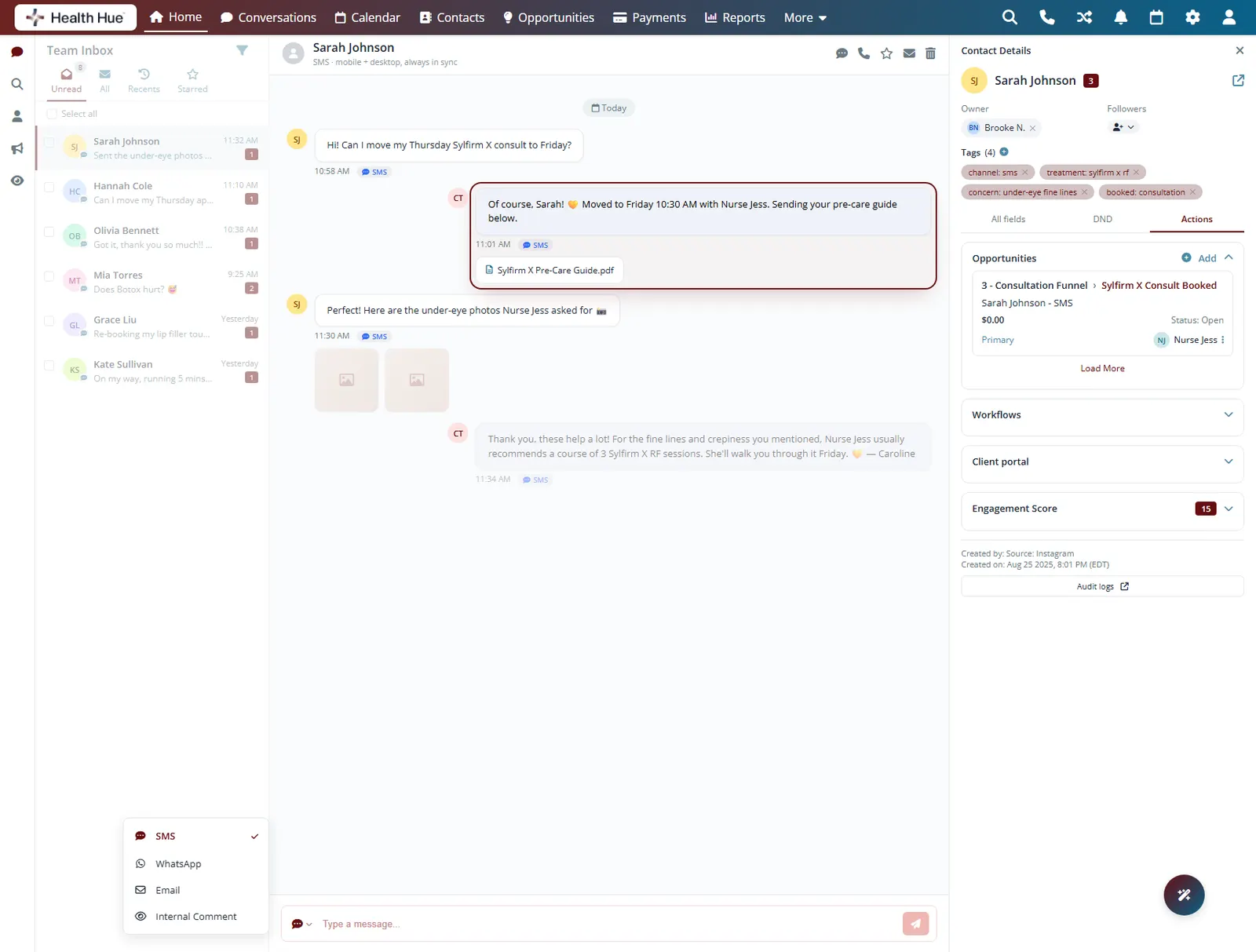 The Health Hue Hub inbox with a fast front-desk text reply highlighted, rescheduling a patient and attaching a pre-care guide.