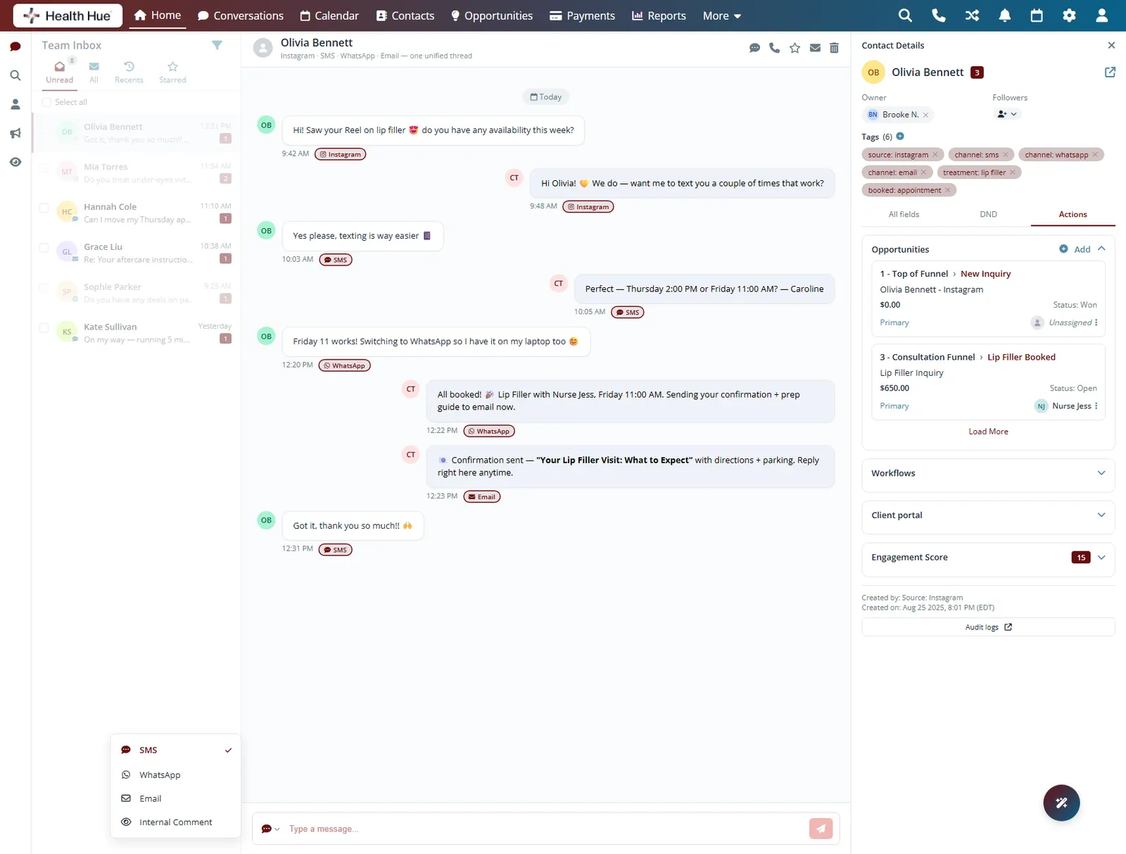 The Health Hue Hub inbox with one patient thread spanning Instagram, SMS, WhatsApp, and email, every channel highlighted in a single conversation.