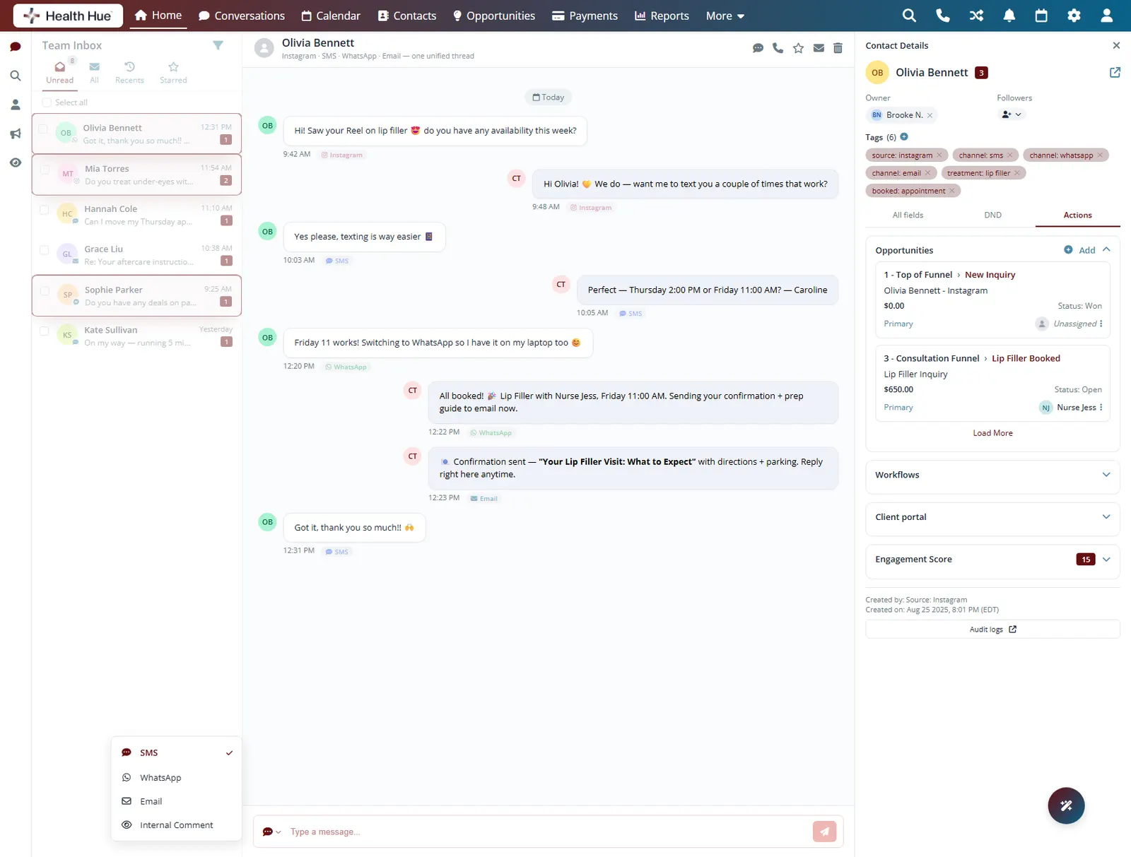 The Health Hue Hub inbox highlighting the social conversations, Instagram, Facebook Messenger, and WhatsApp, alongside calls and texts.