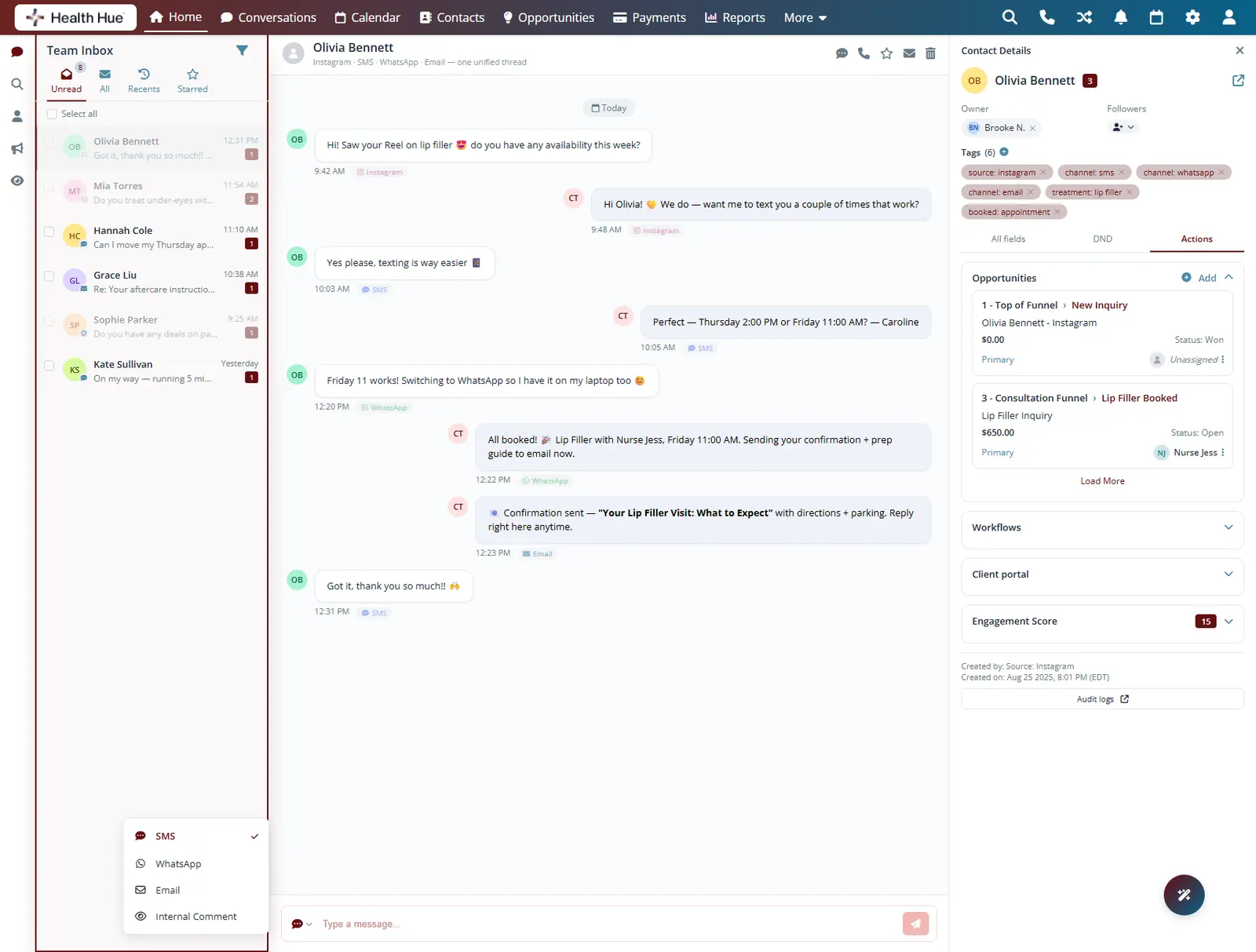 The Health Hue Hub shared Team Inbox highlighted, every patient conversation visible to the whole team in one place.
