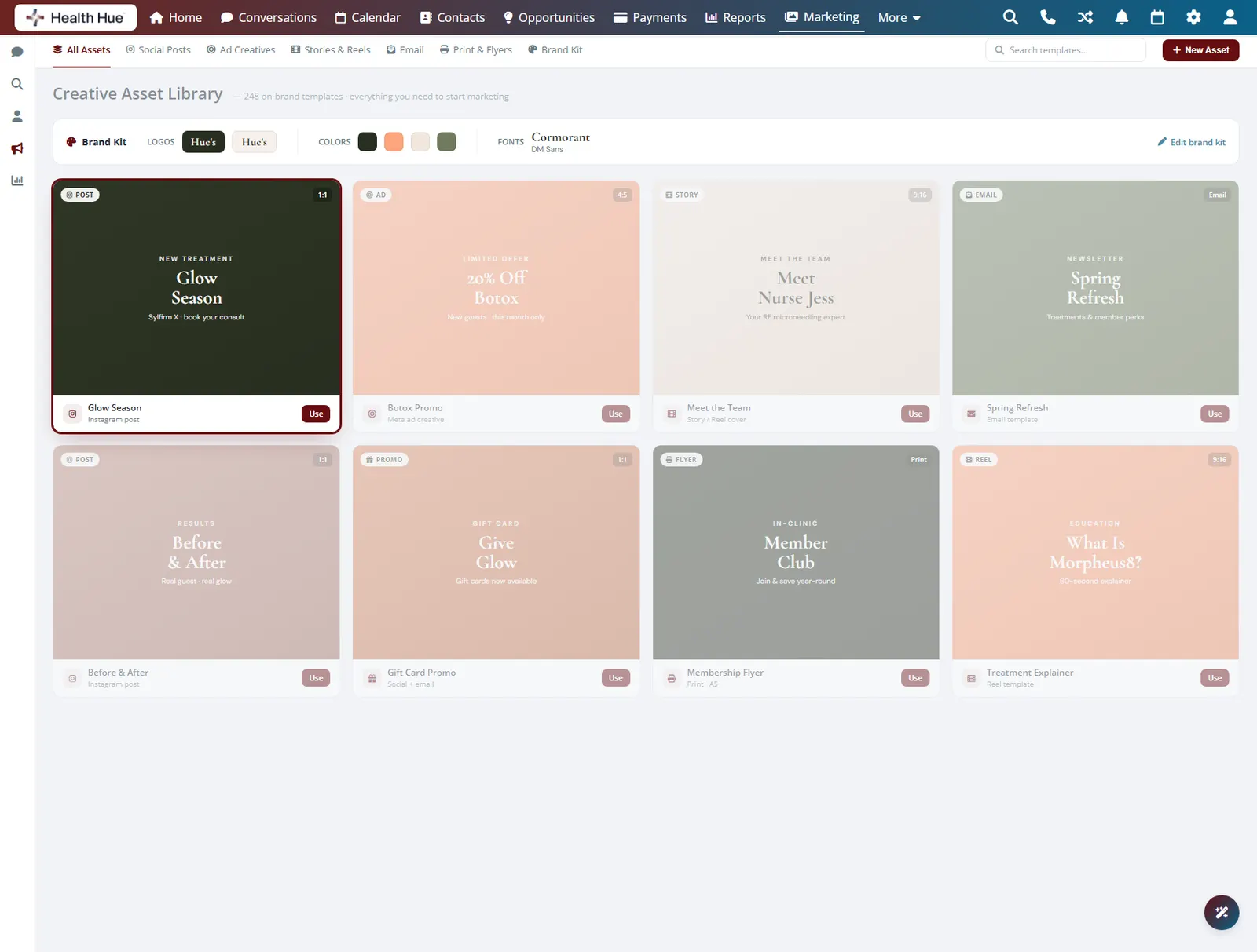 A single creative template highlighted in the Health Hue Hub, ready to edit by swapping the copy and image rather than rebuilding it.