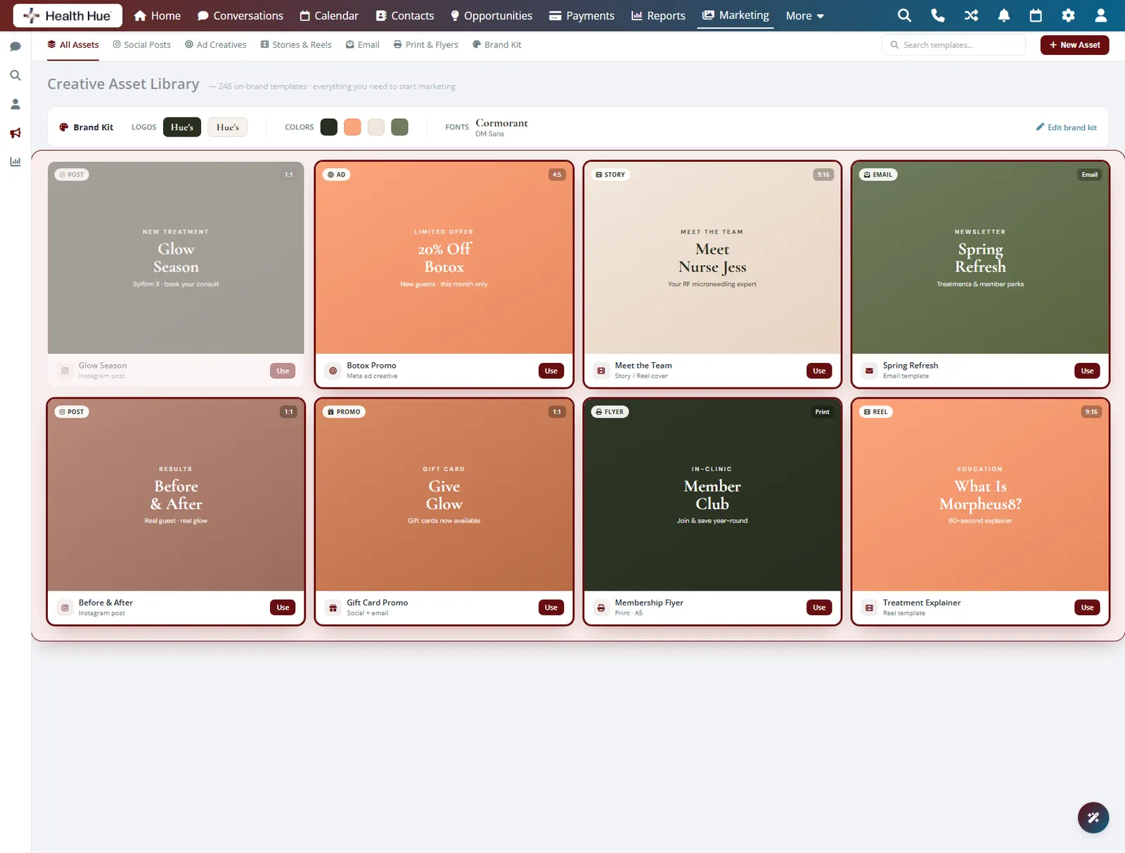 The reusable template gallery in the Health Hue Hub highlighted, with ready-made layouts for posts, offers, and announcements.
