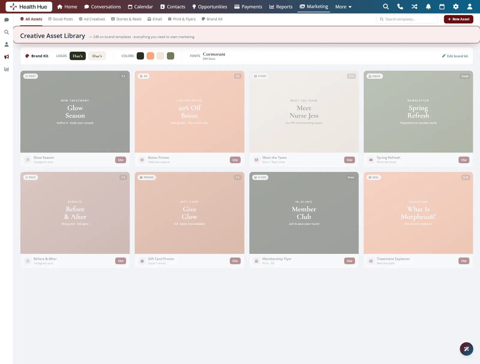 The creative library header highlighted, showing a repeatable set of 248 on-brand templates in the Health Hue Hub.
