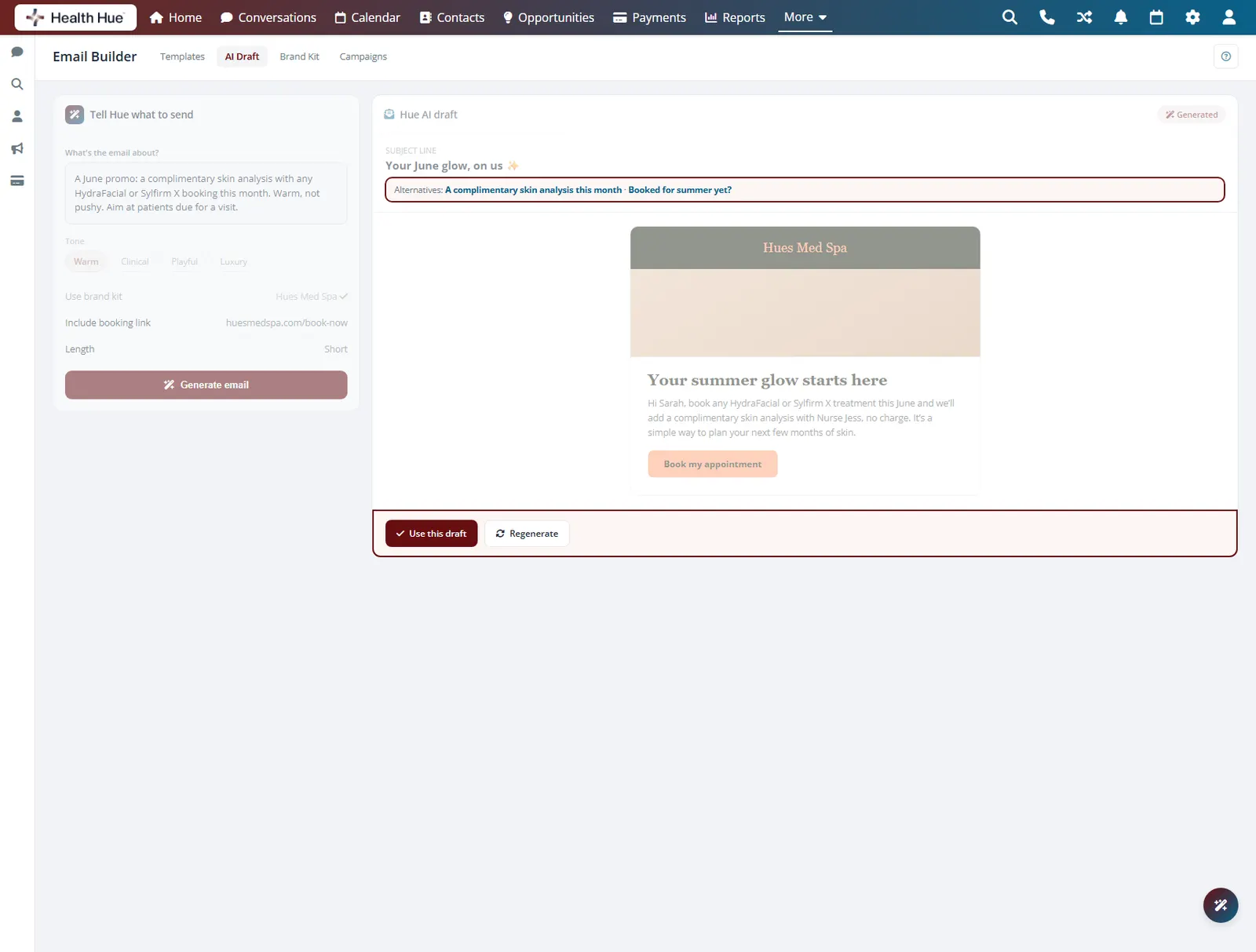 The Health Hue Hub AI draft with the subject alternatives and use or regenerate actions highlighted, so you edit instead of starting blank.