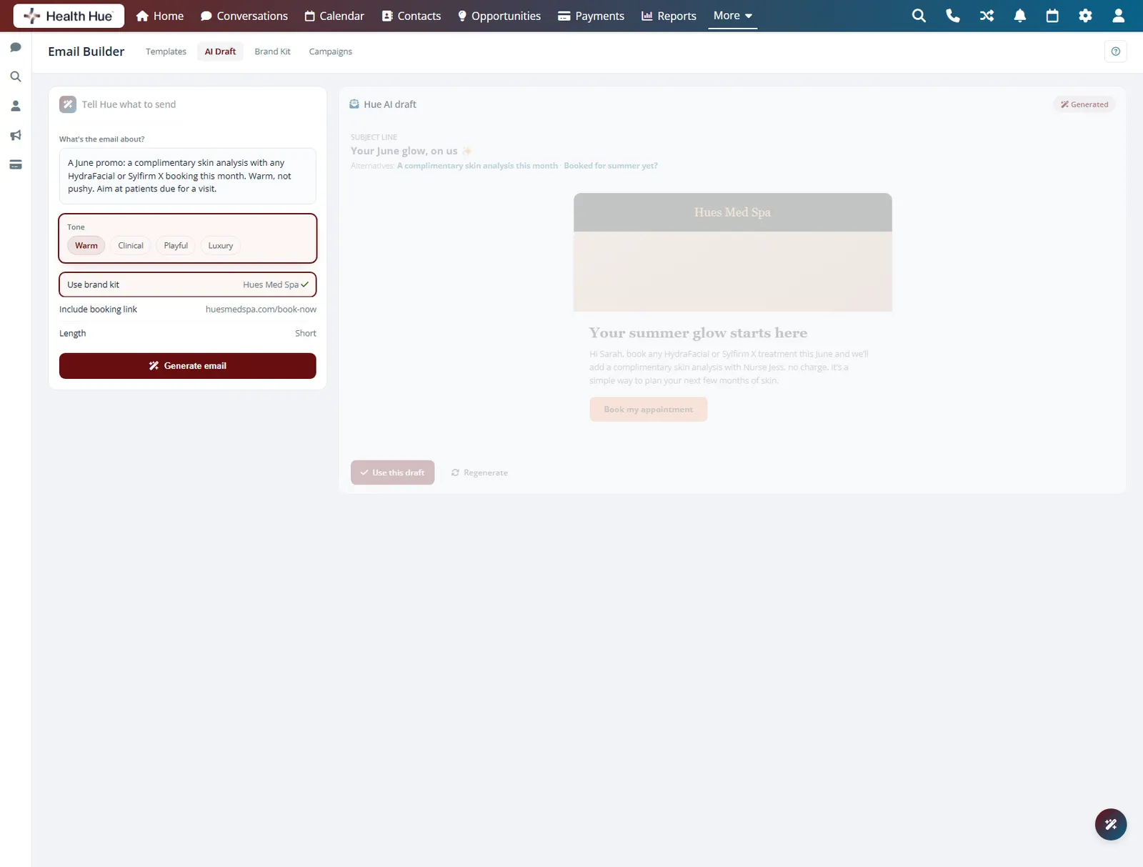 The Health Hue Hub AI draft with the tone control and brand kit option highlighted, so copy matches the clinic voice.