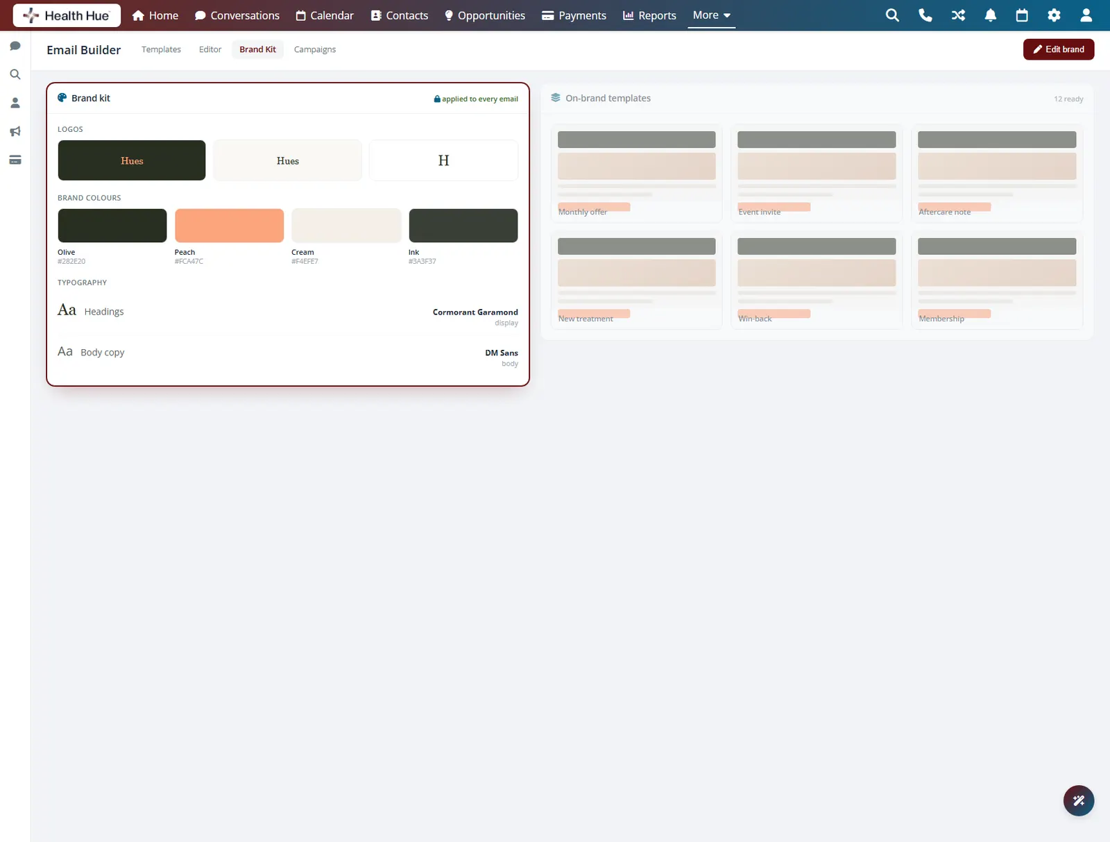 The Health Hue Hub brand kit set up once, with logos, colours, and fonts highlighted as applied to every email.