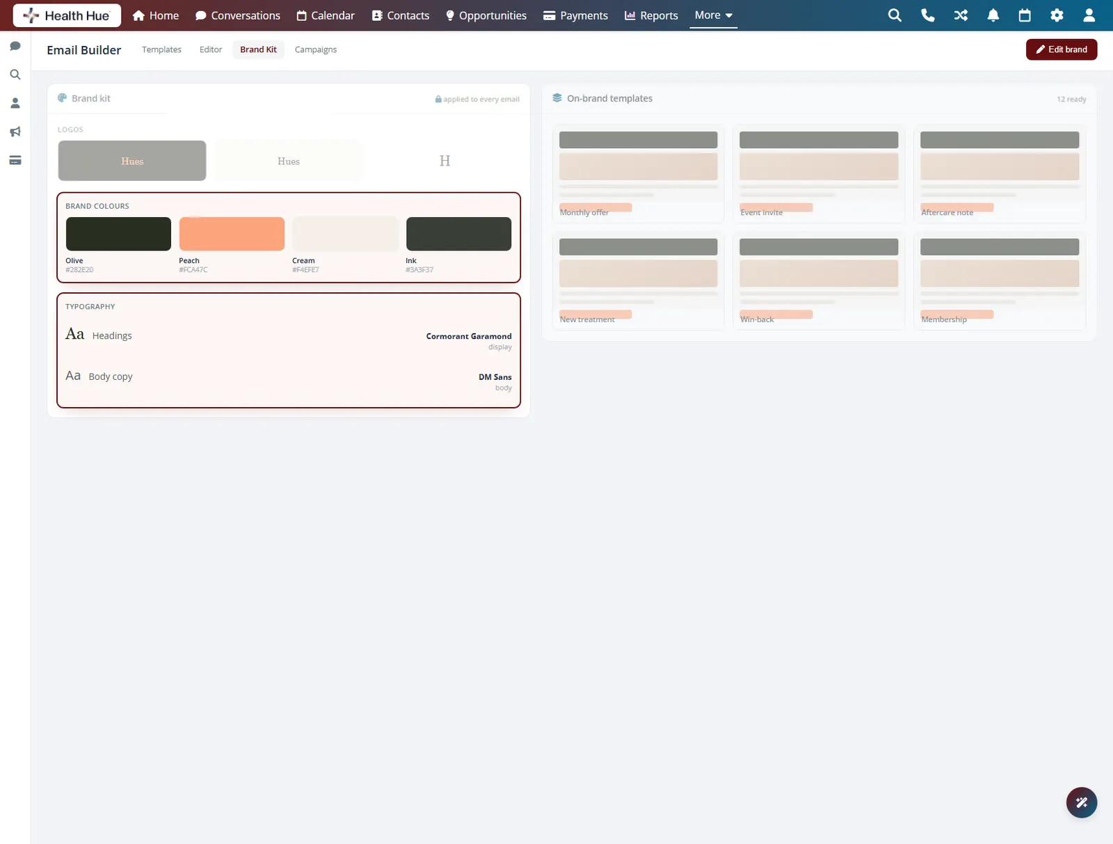 The Health Hue Hub brand kit with the brand colours and typography highlighted, kept consistent across emails.