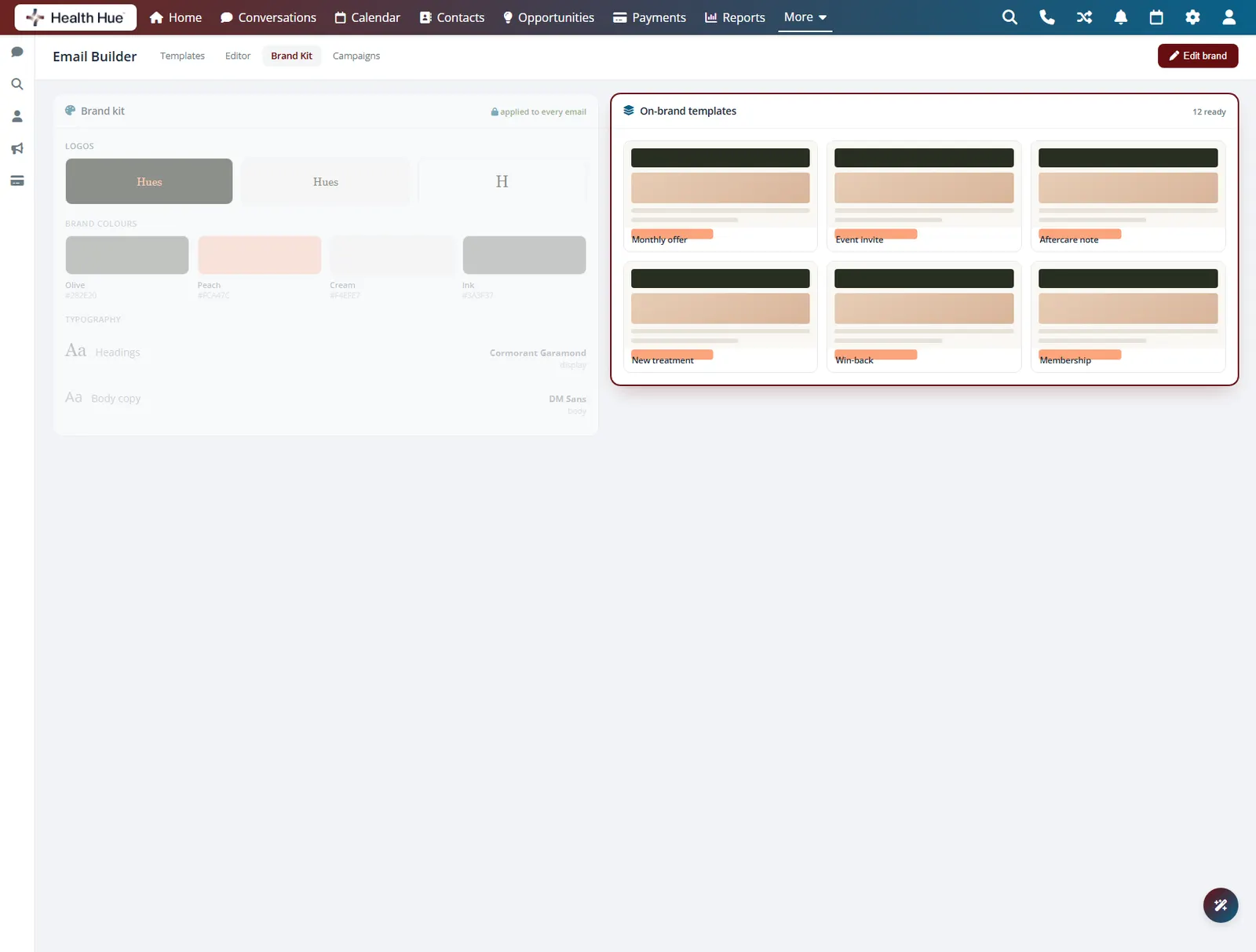 The Health Hue Hub on-brand template gallery highlighted, showing layouts already styled in the clinic brand.