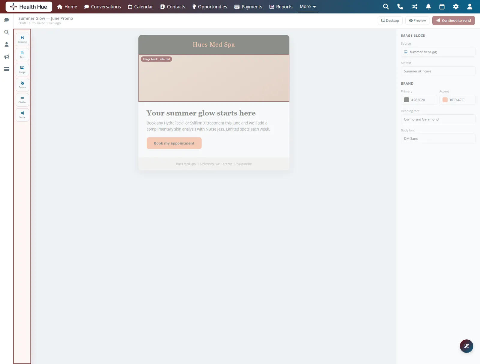 The Health Hue Hub email editor with the drag-and-drop block palette highlighted, showing heading, text, image, and button tiles.