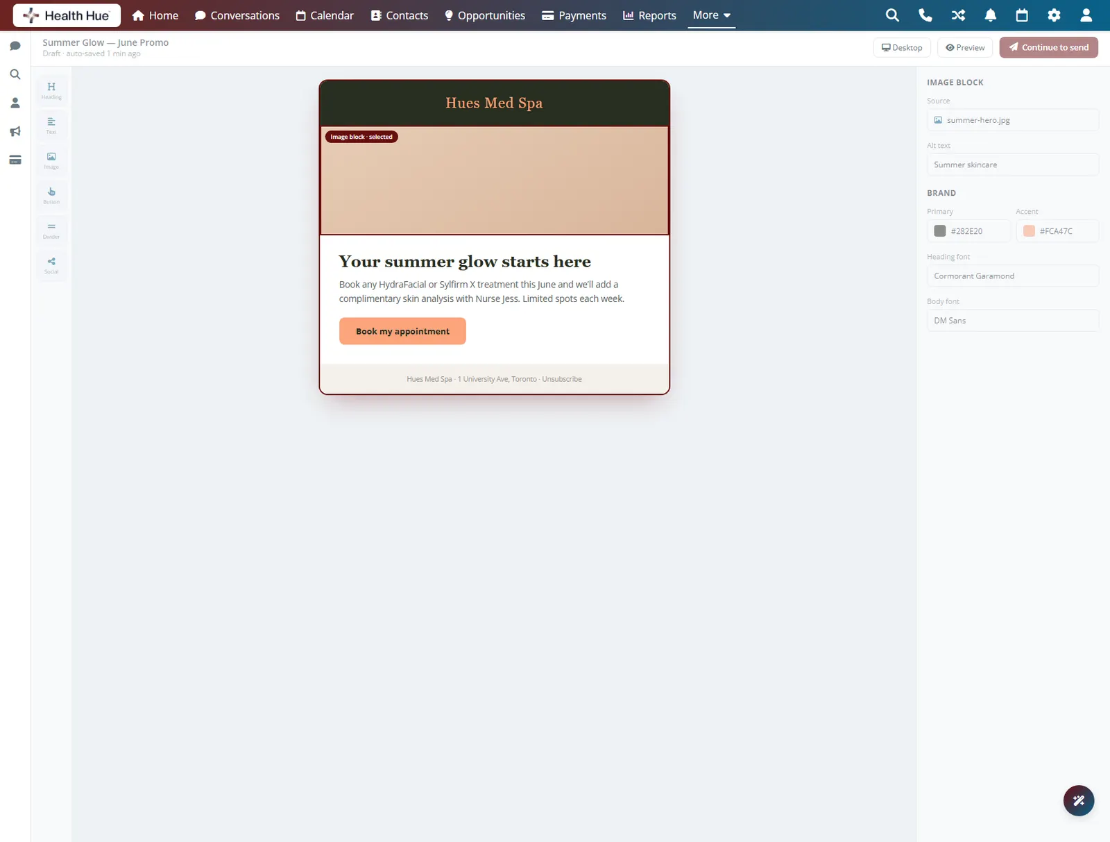 The Health Hue Hub email editor with the live email preview in the center highlighted.