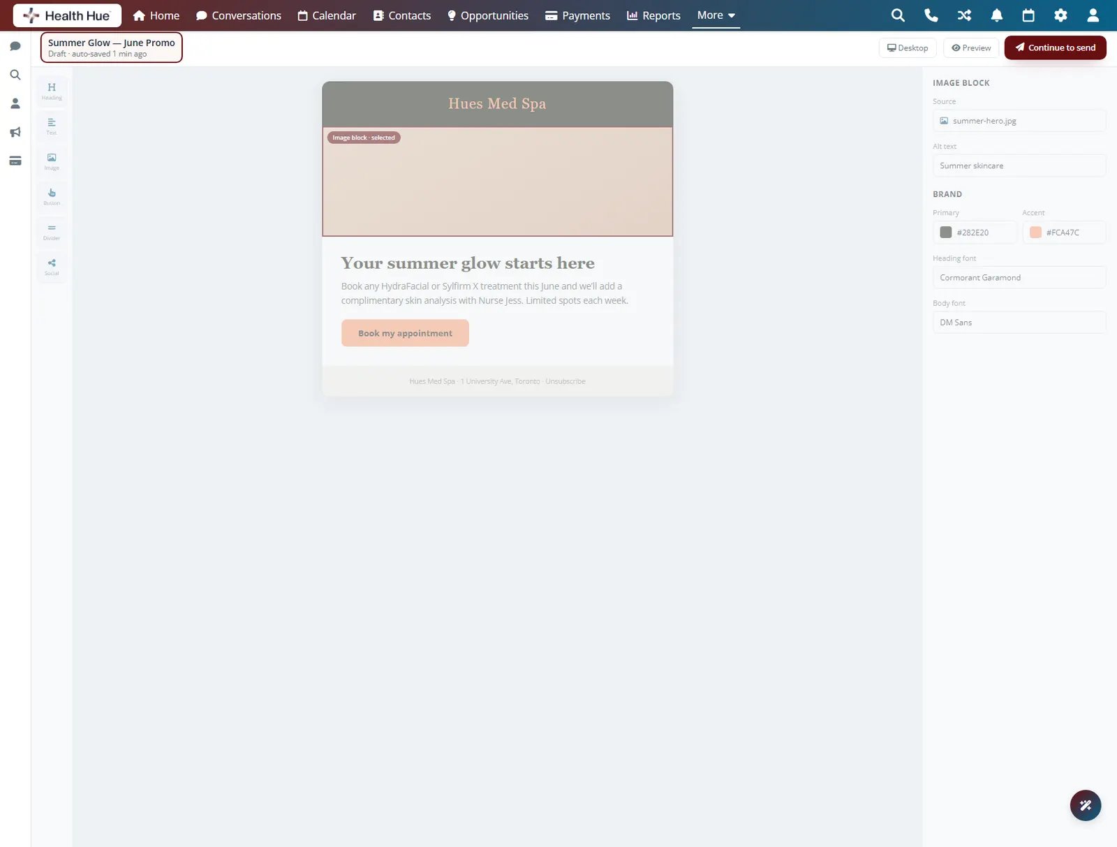 The Health Hue Hub email editor with the auto-saved draft status and continue to send action highlighted.