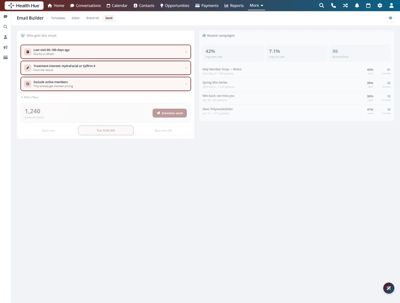 The Health Hue Hub send view with the individual record-based filter rows highlighted, built from patient data you already hold.