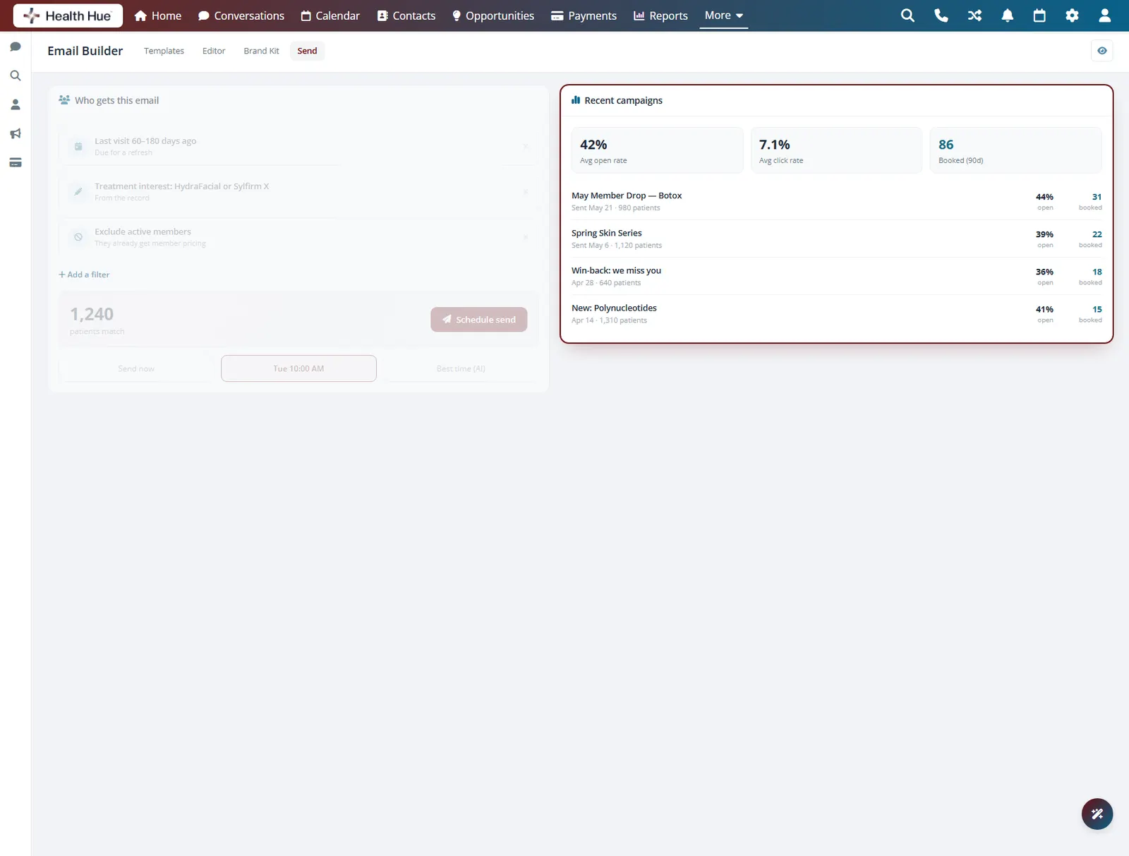 The Health Hue Hub send view with the recent campaigns card highlighted, showing booked counts alongside open and click rates.