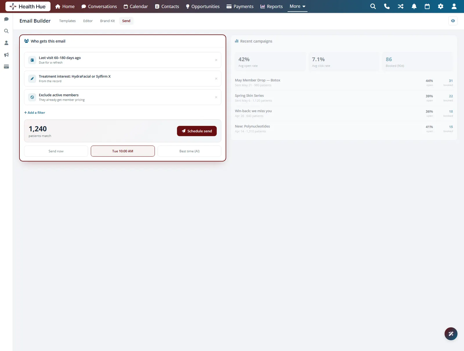 The Health Hue Hub send view with the audience filter stack and match count highlighted for building a smart segment.