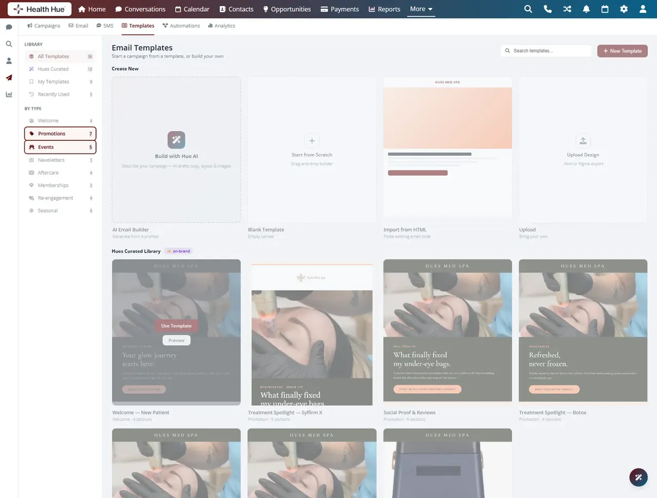 An email template library highlighting promotion and event campaign templates