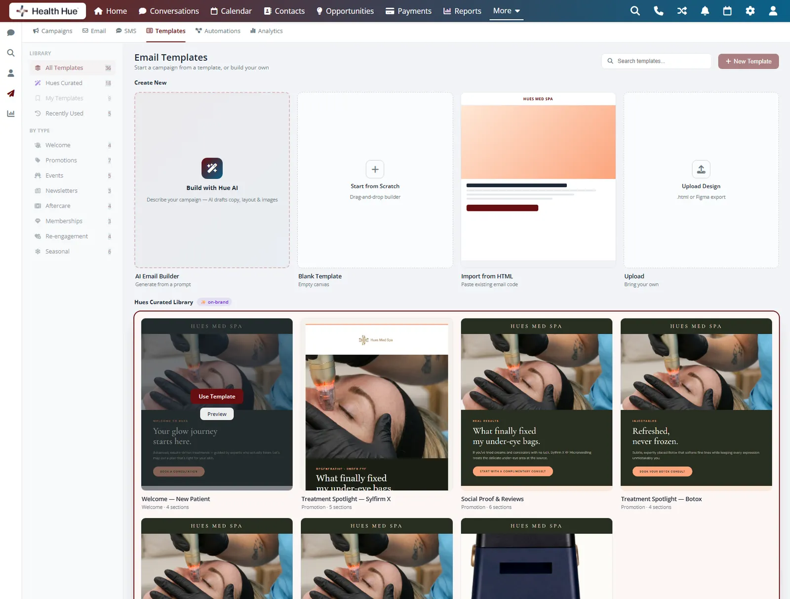 The Health Hue Hub template library with the gallery of finished saved layouts highlighted, ready to start a campaign from.