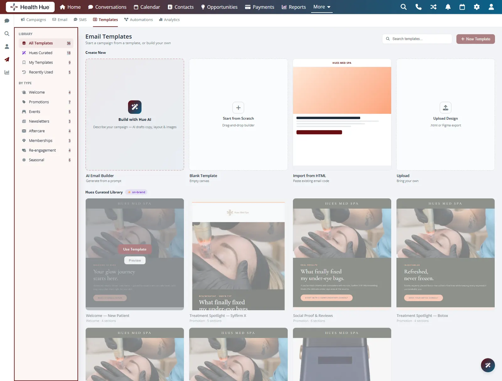 The Health Hue Hub template library with the category sidebar highlighted, showing one consistent set of templates by type.