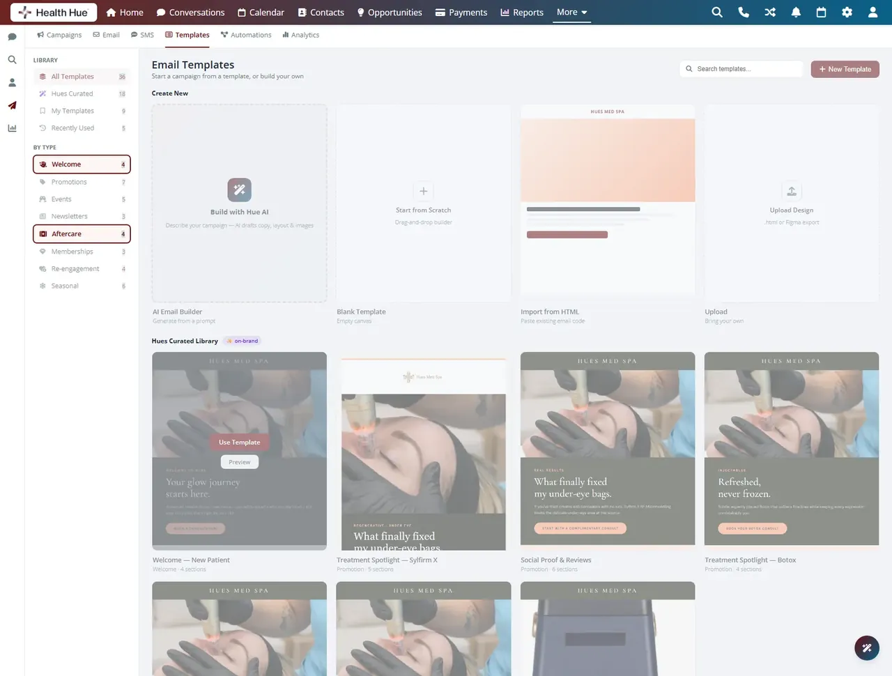 The same library highlighting welcome and aftercare nurture templates