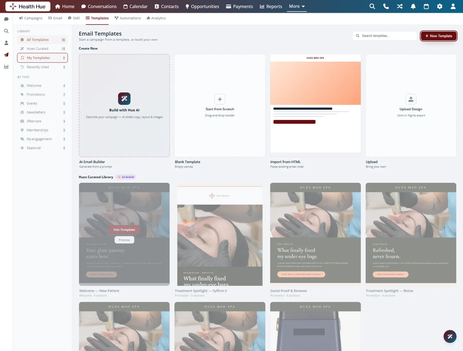 The Health Hue Hub template library with the my templates entry and new template button highlighted for saving any email.