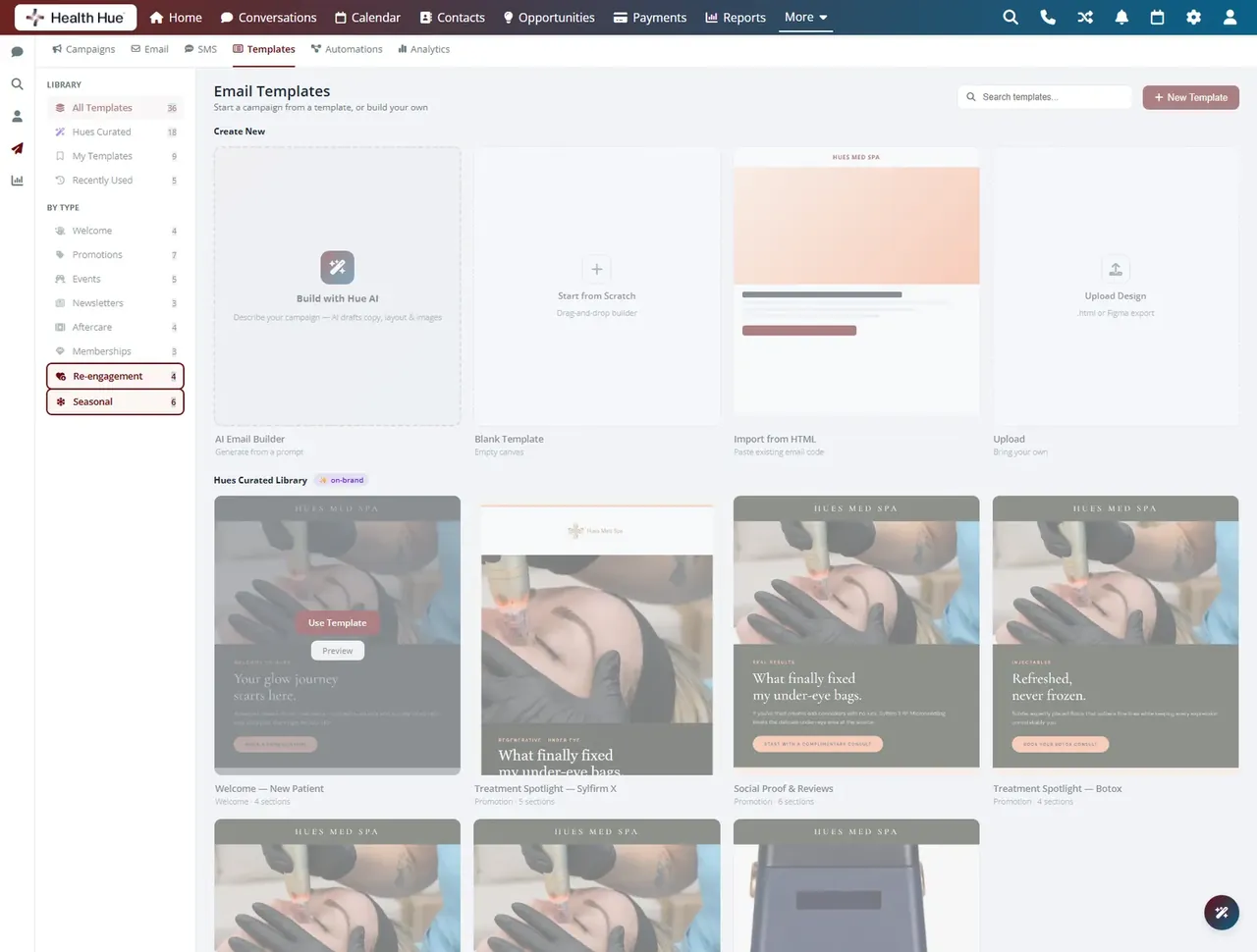 The same library highlighting re-engagement and seasonal win-back templates