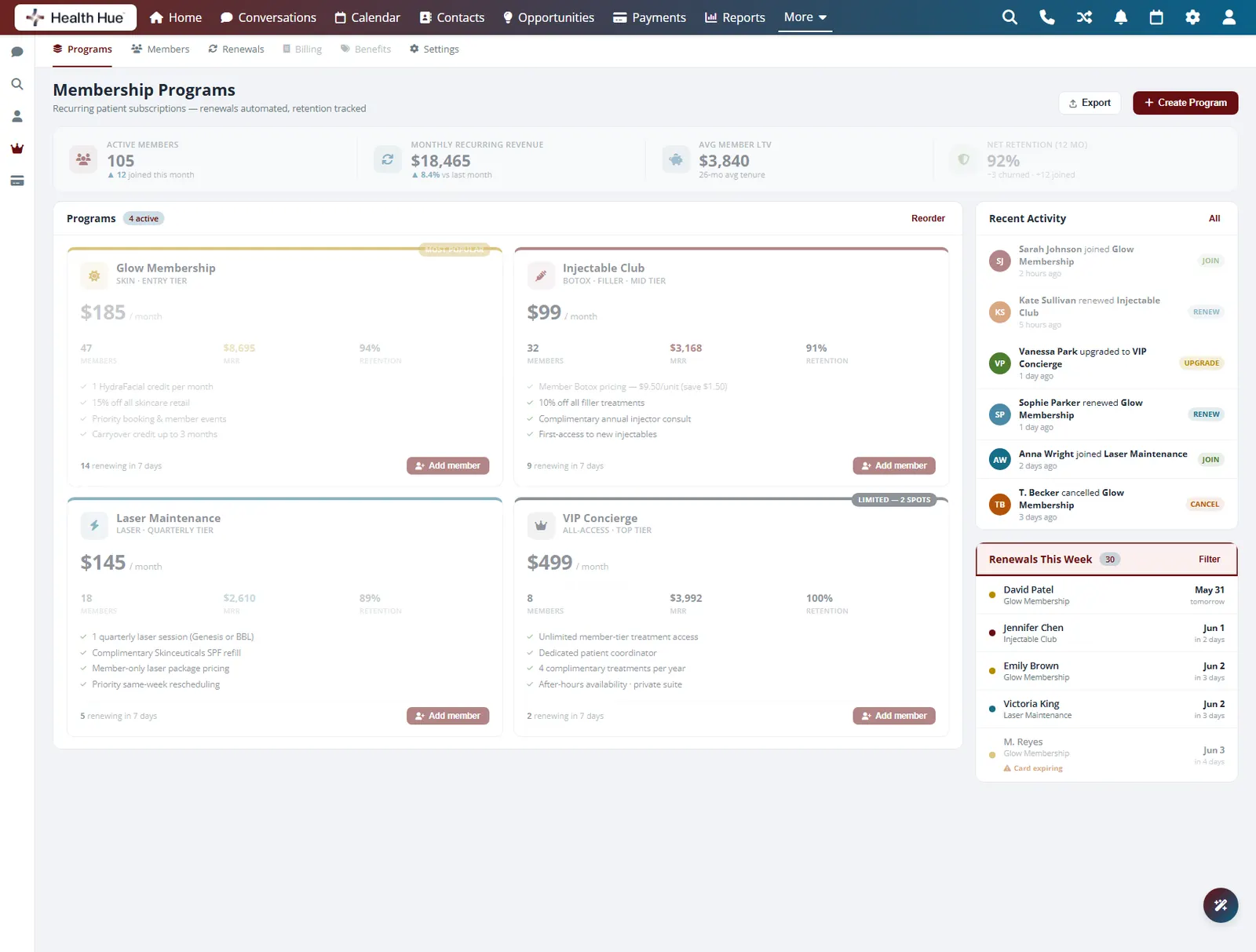 Upcoming renewals that trigger automatic follow-up highlighted in the Health Hue Hub.