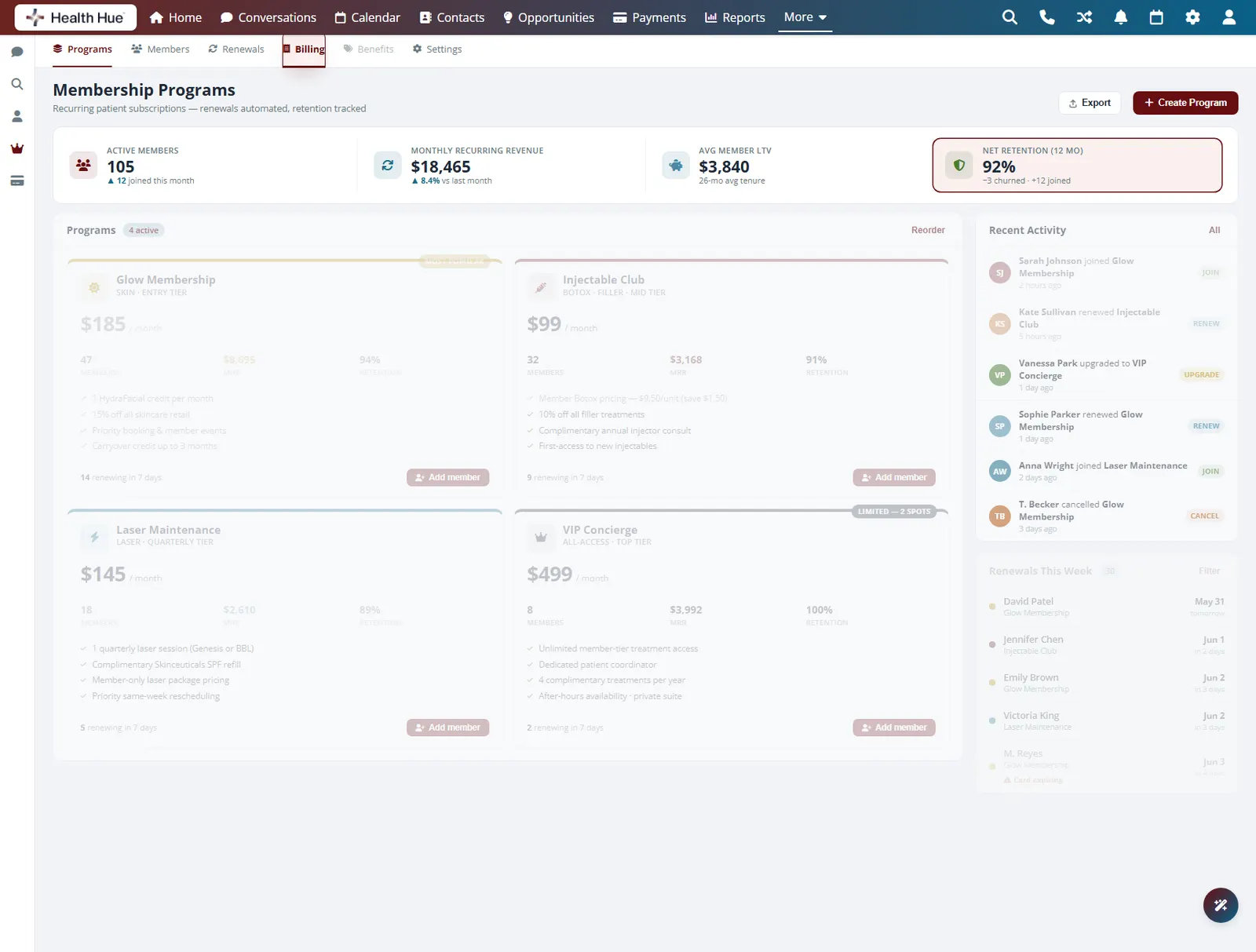 The billing tab and retention metric highlighted as the secure billing surface in the Health Hue Hub.