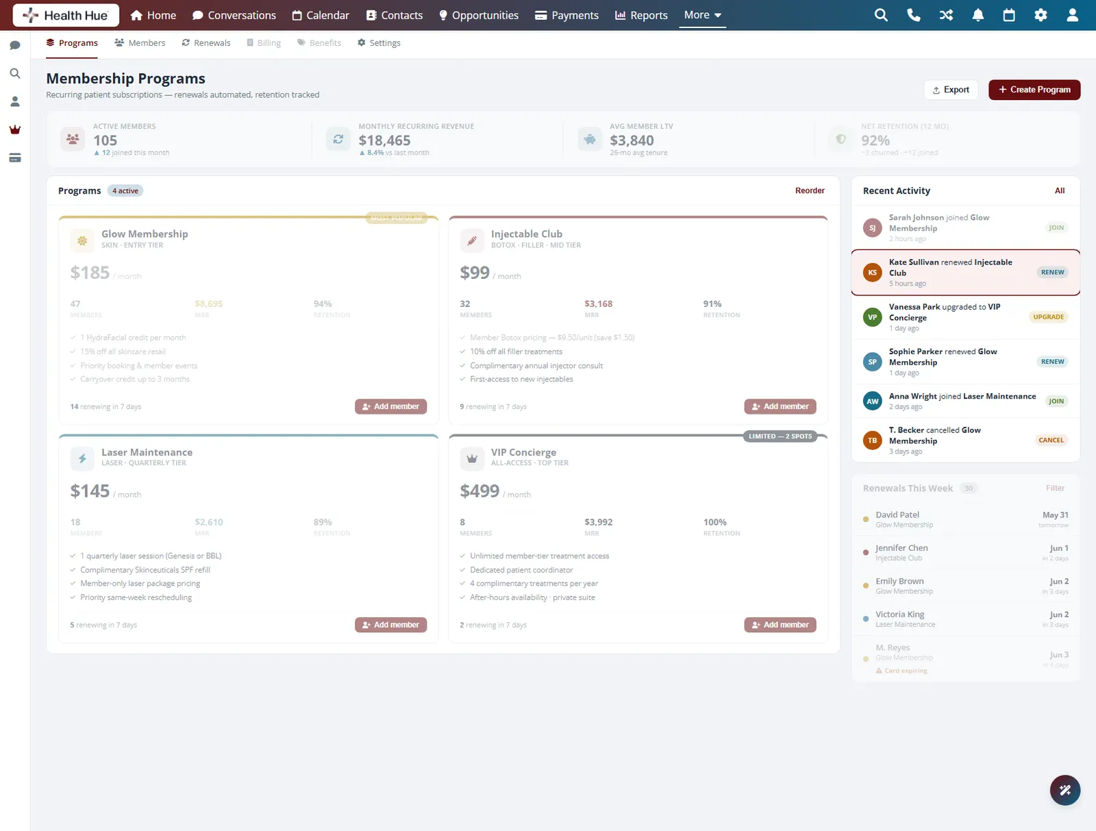 An automatic credit draw-down event highlighted in the Health Hue Hub activity feed.