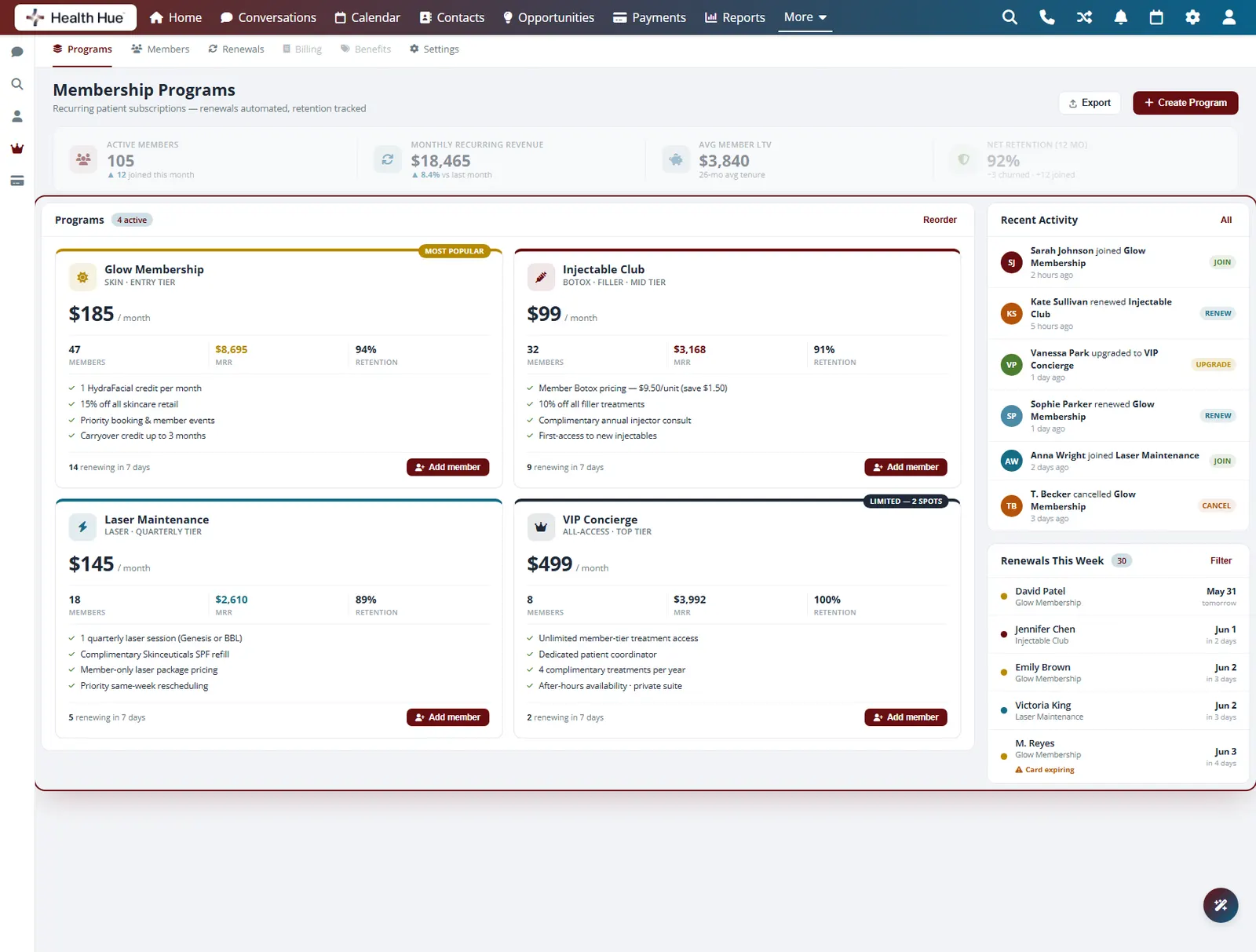 The full member management dashboard highlighted as one view in the Health Hue Hub.