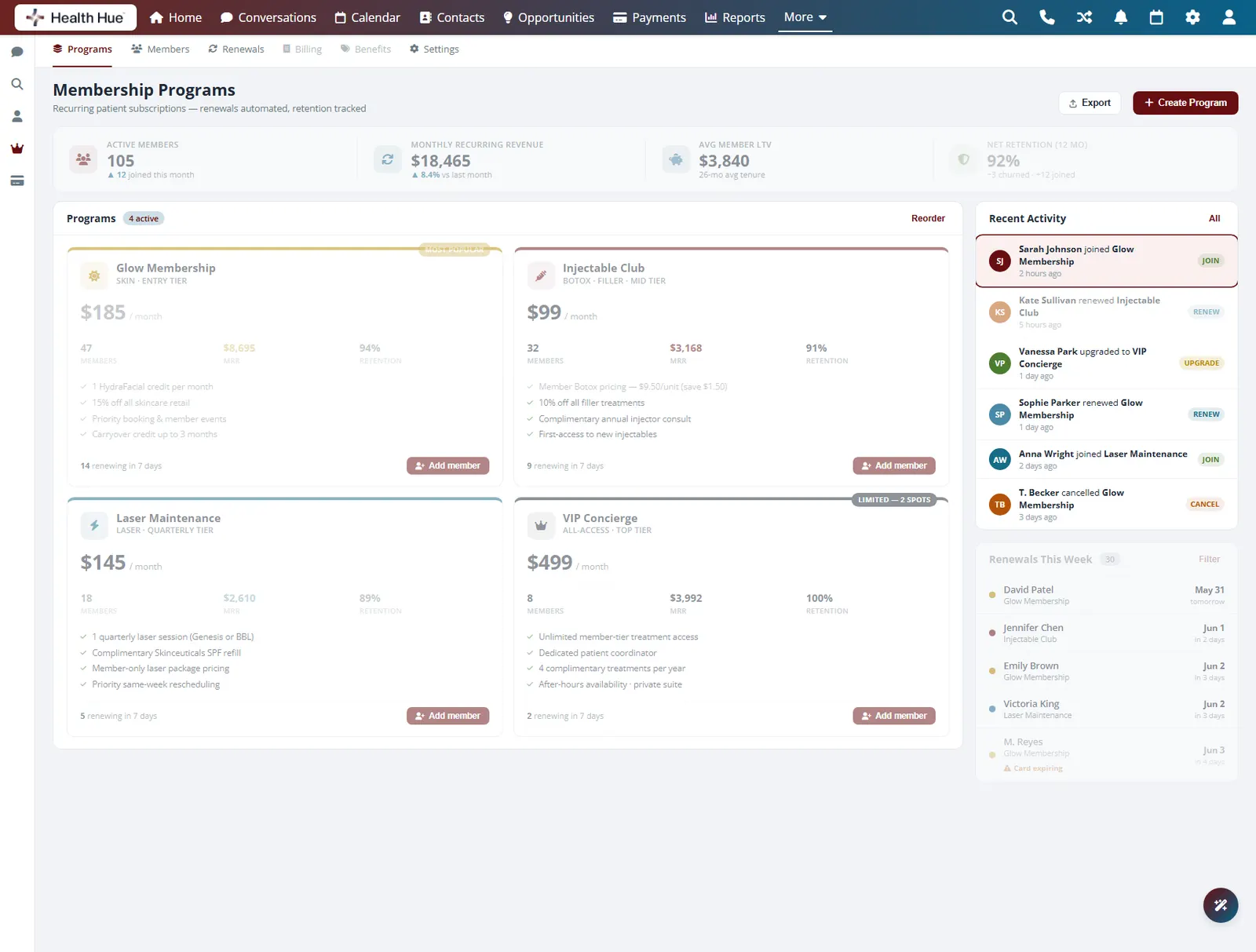 A member redemption recorded on the patient record highlighted in the Health Hue Hub.