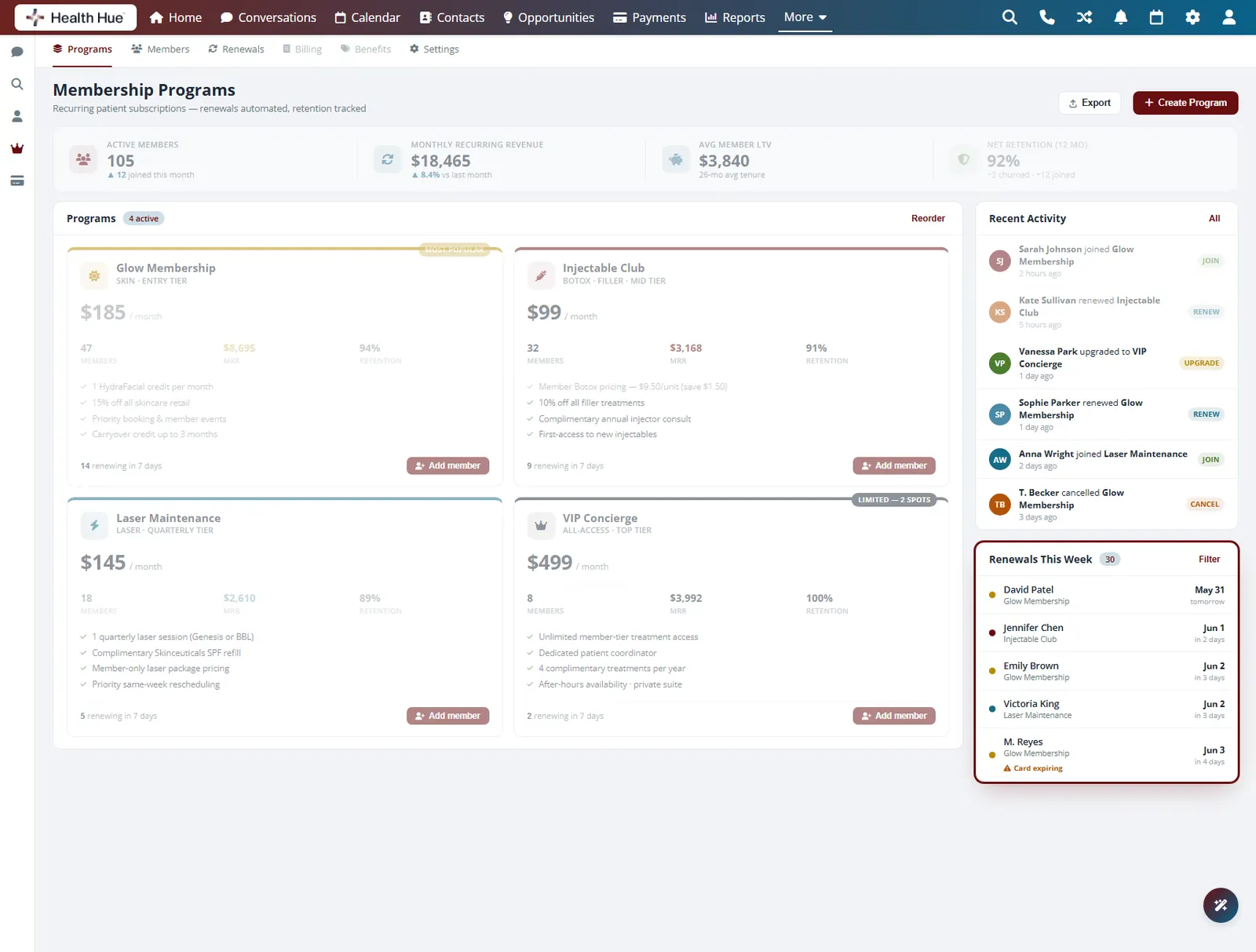 The upcoming scheduled renewals panel highlighted in the Health Hue Hub.