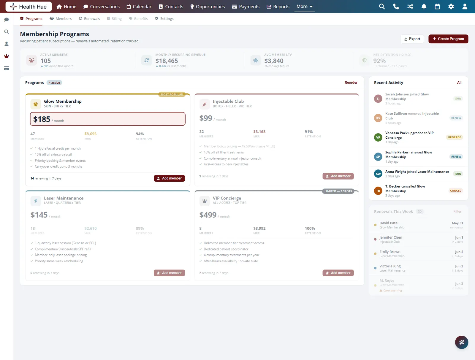 A membership plan price and billing interval highlighted in the Health Hue Hub.