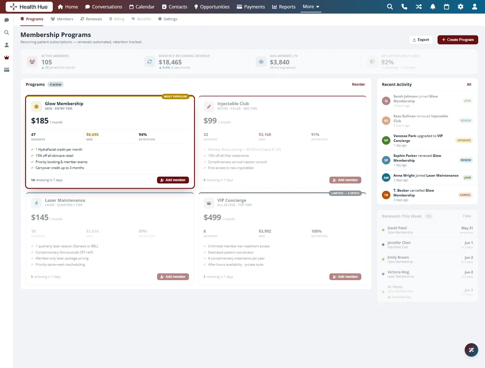 A service-credit membership plan highlighted in the Health Hue Hub program list.