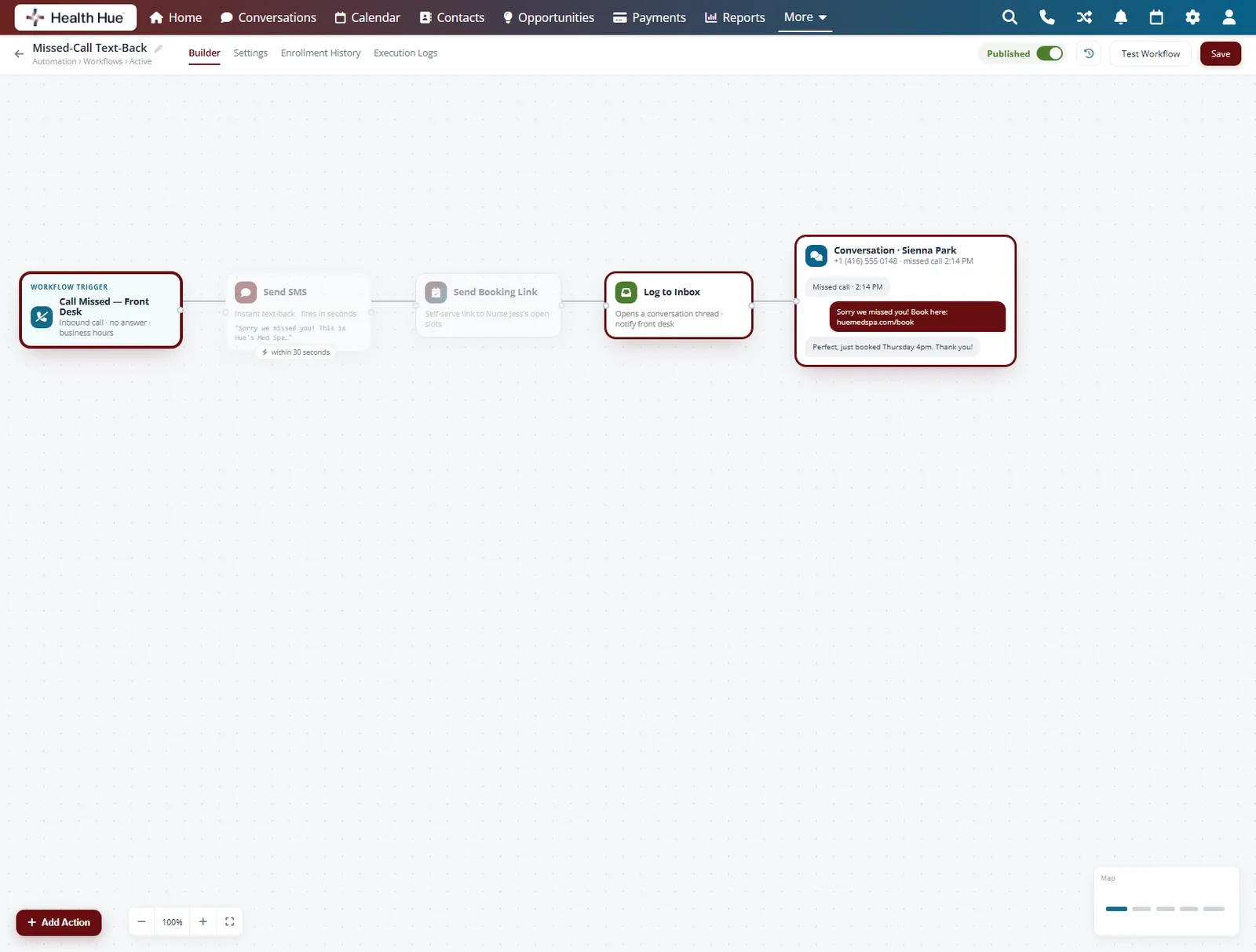 The same flow with the inbox step and a conversation thread highlighted, showing the missed call captured as a message.
