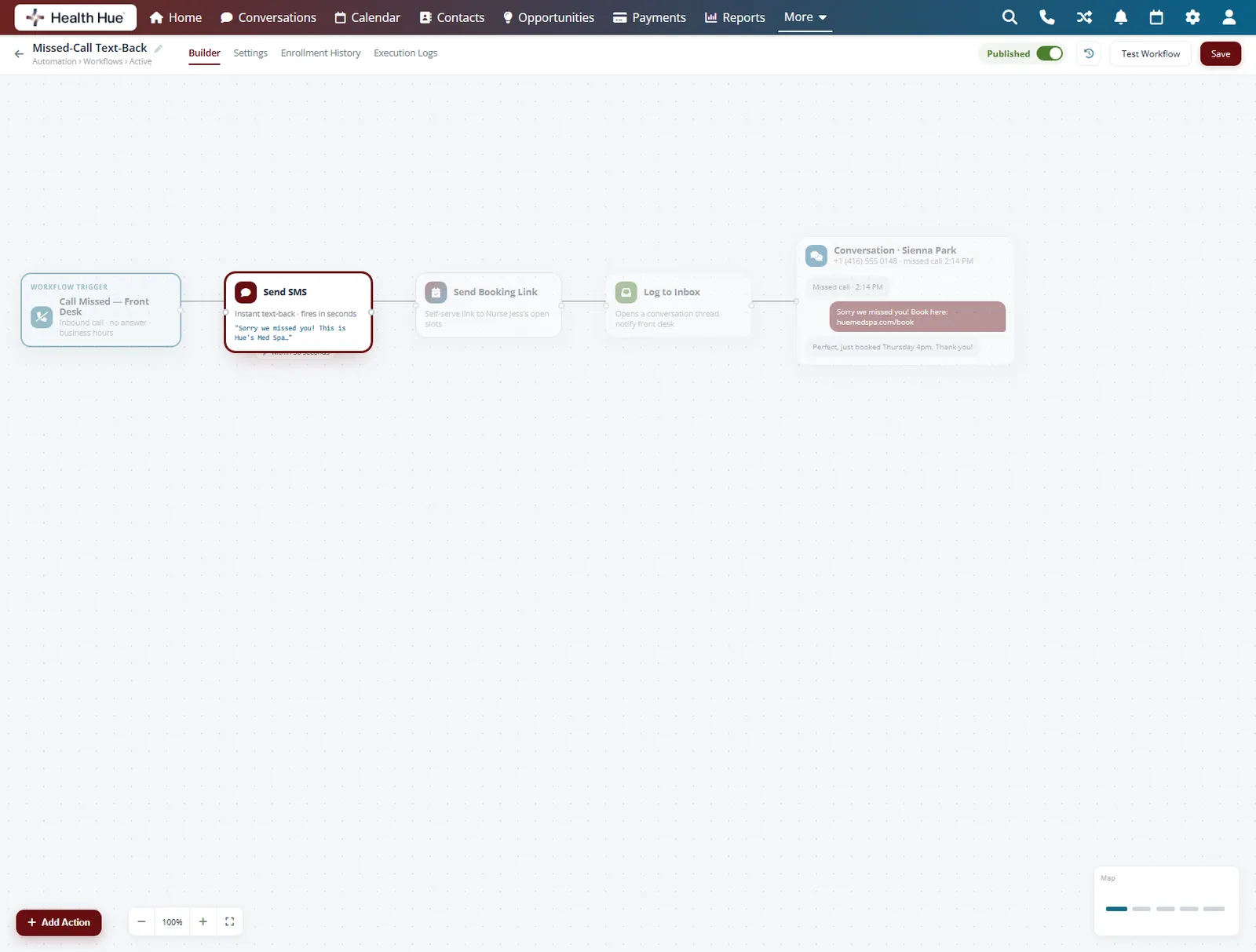 A missed call flow in the Health Hue Hub with the instant Send SMS reply step highlighted seconds after a missed call.