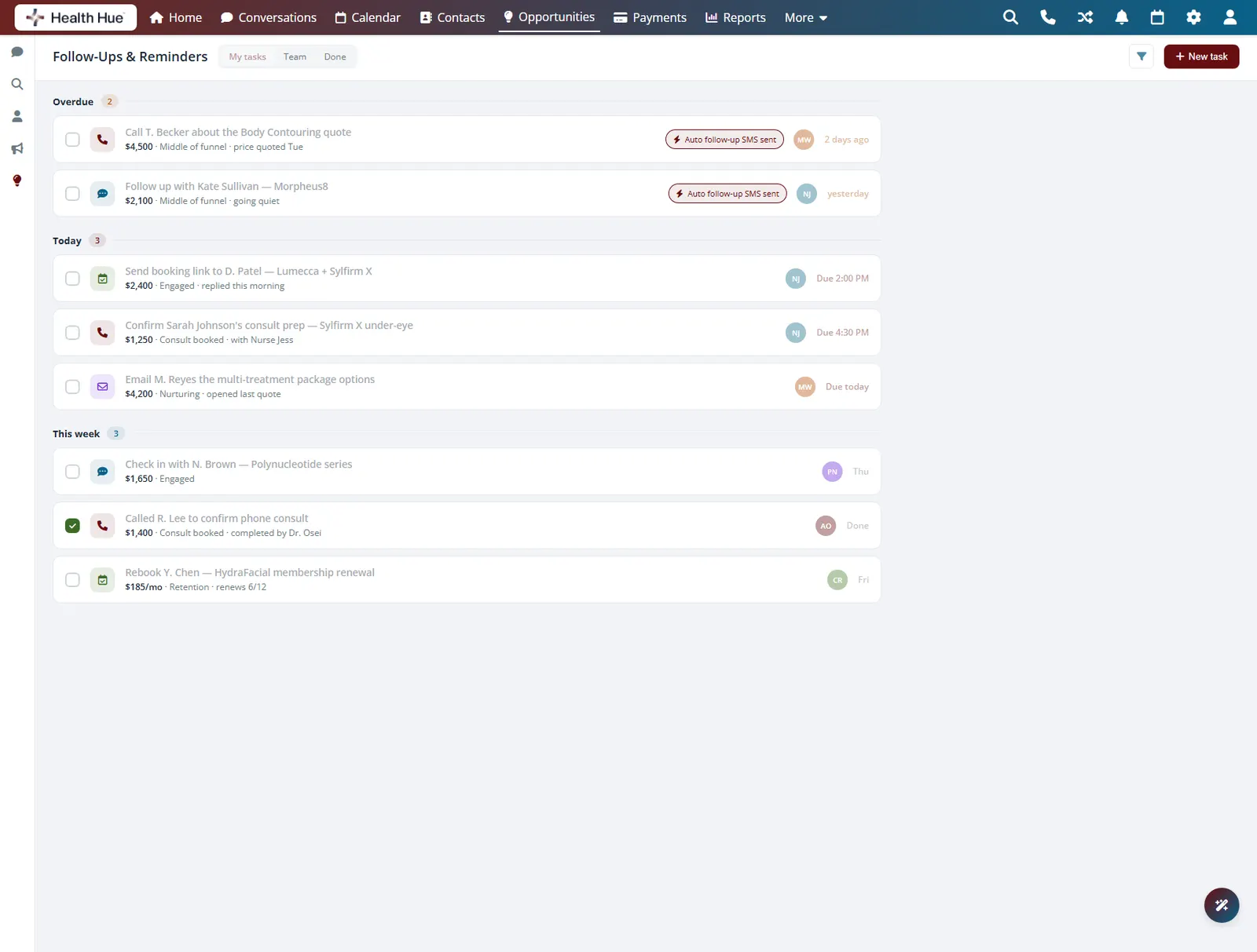 The follow-up reminders in the Health Hue Hub with automated follow-up messages highlighted on overdue tasks.