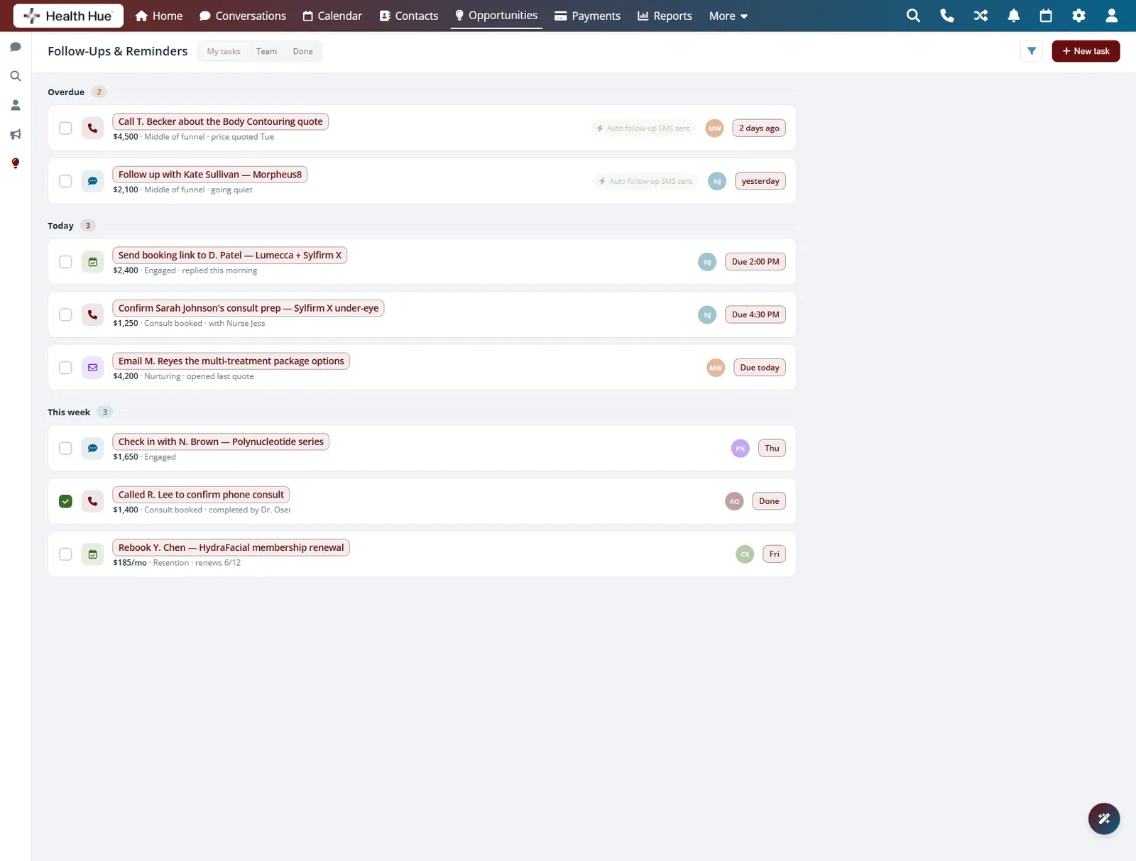 The follow-up reminders in the Health Hue Hub with each task action and due date highlighted.
