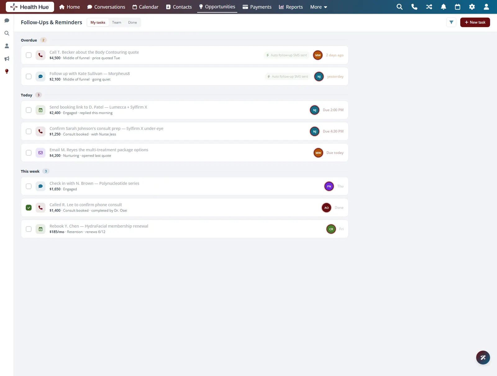 The follow-up reminders in the Health Hue Hub with each task owner highlighted, routing work to the right person.