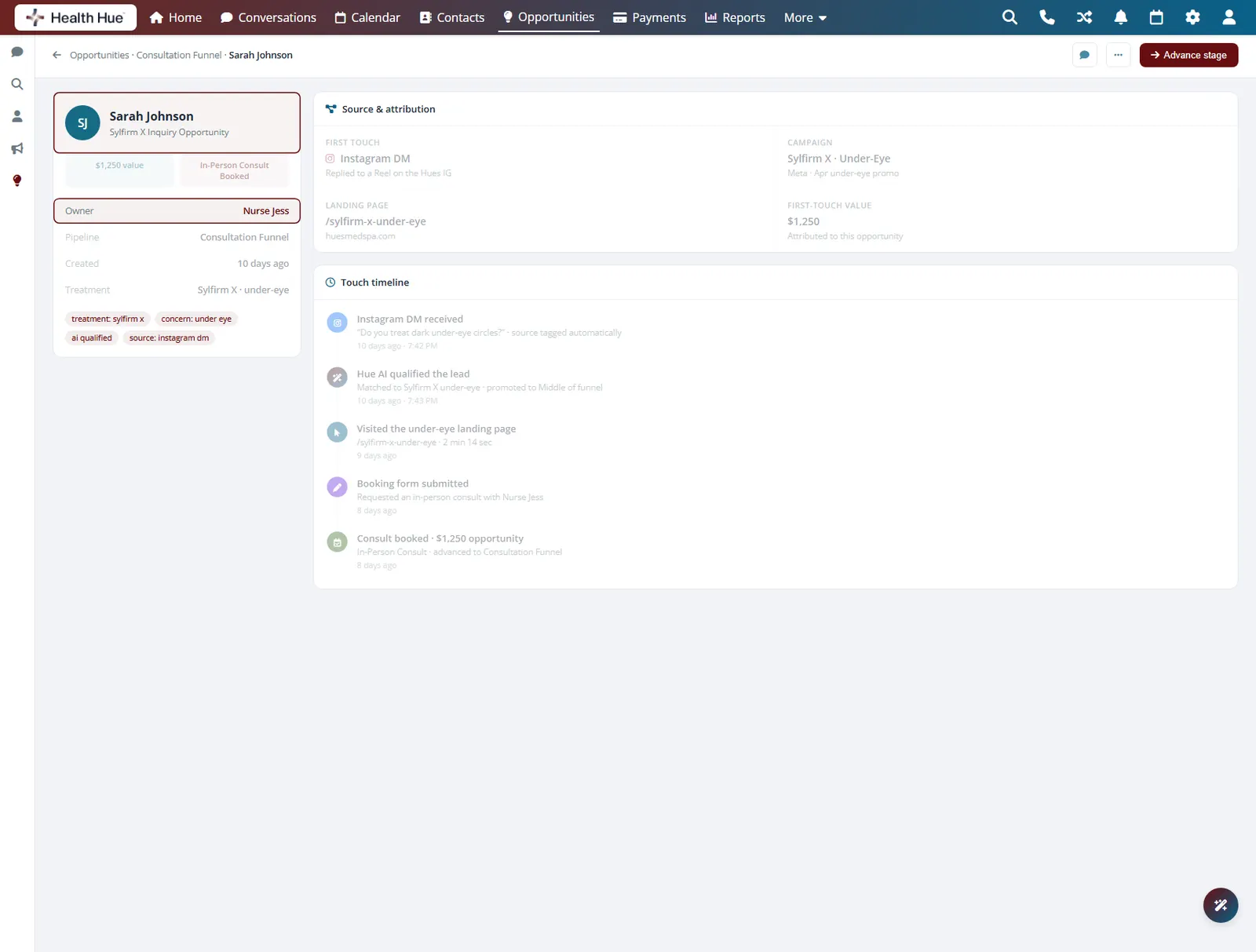 A lead record in the Health Hue Hub with the assigned owner highlighted, keeping the lead accountable through handoff.