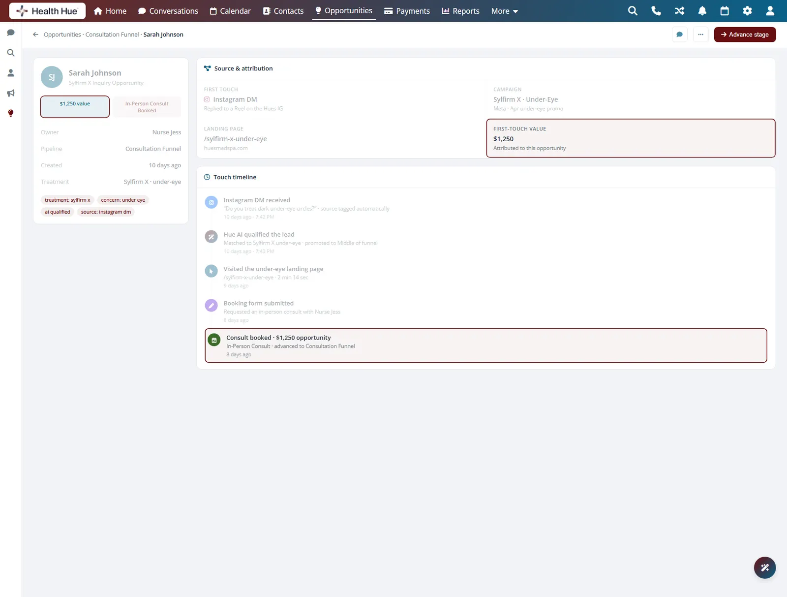 A lead record in the Health Hue Hub with the first-touch value highlighted, tying booked treatment back to its source.