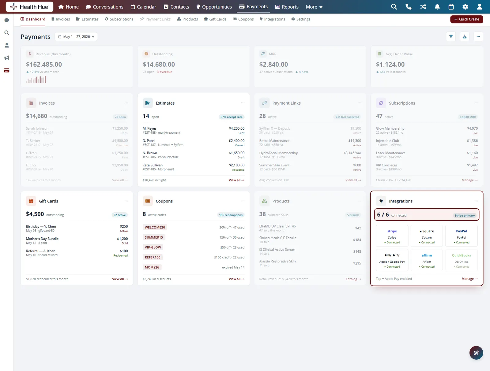 The connected payment integrations highlighted on the Health Hue Hub payments dashboard for secure, compliant handling.
