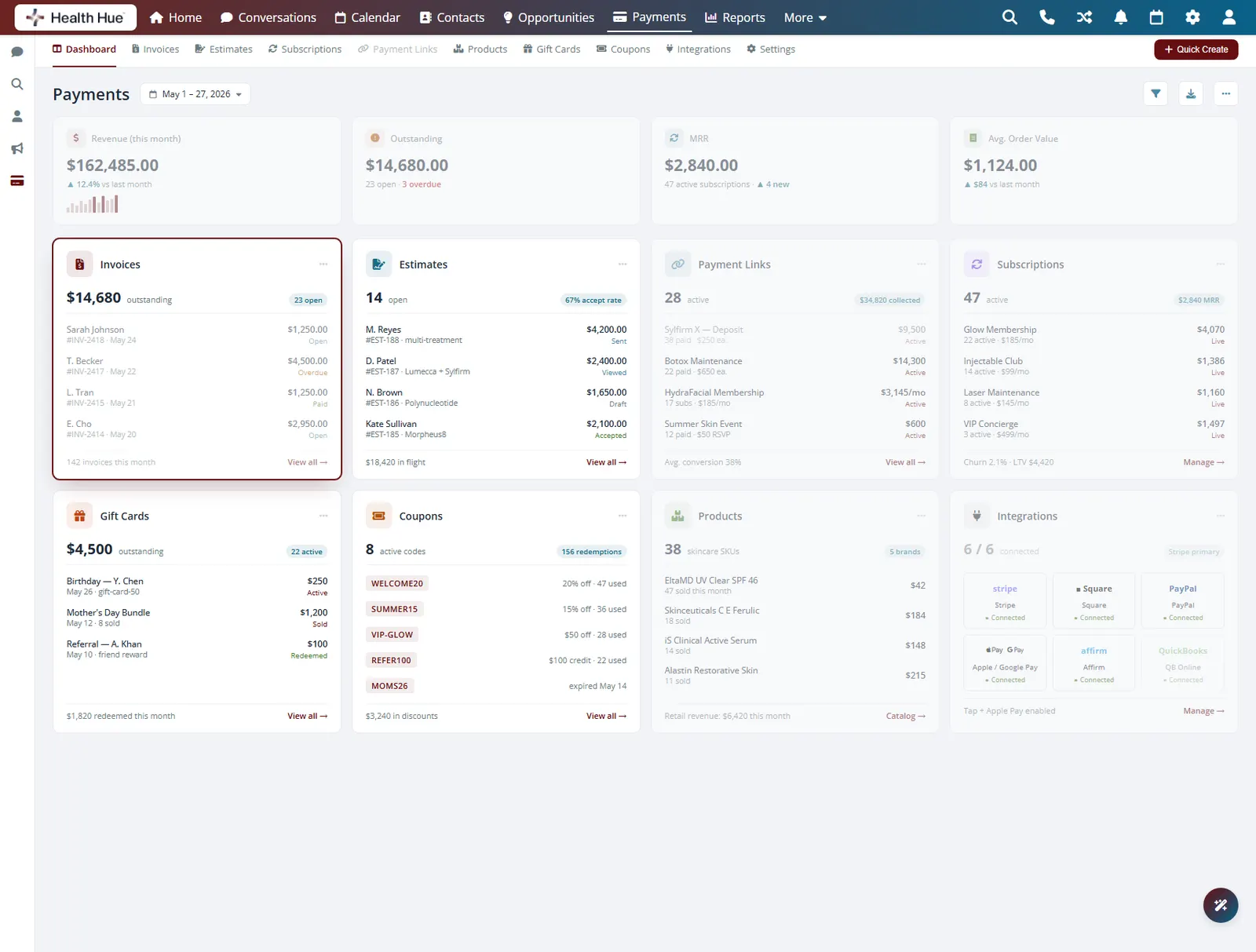 The Invoices card highlighted on the Health Hue Hub payments dashboard for an in-person front-desk checkout.