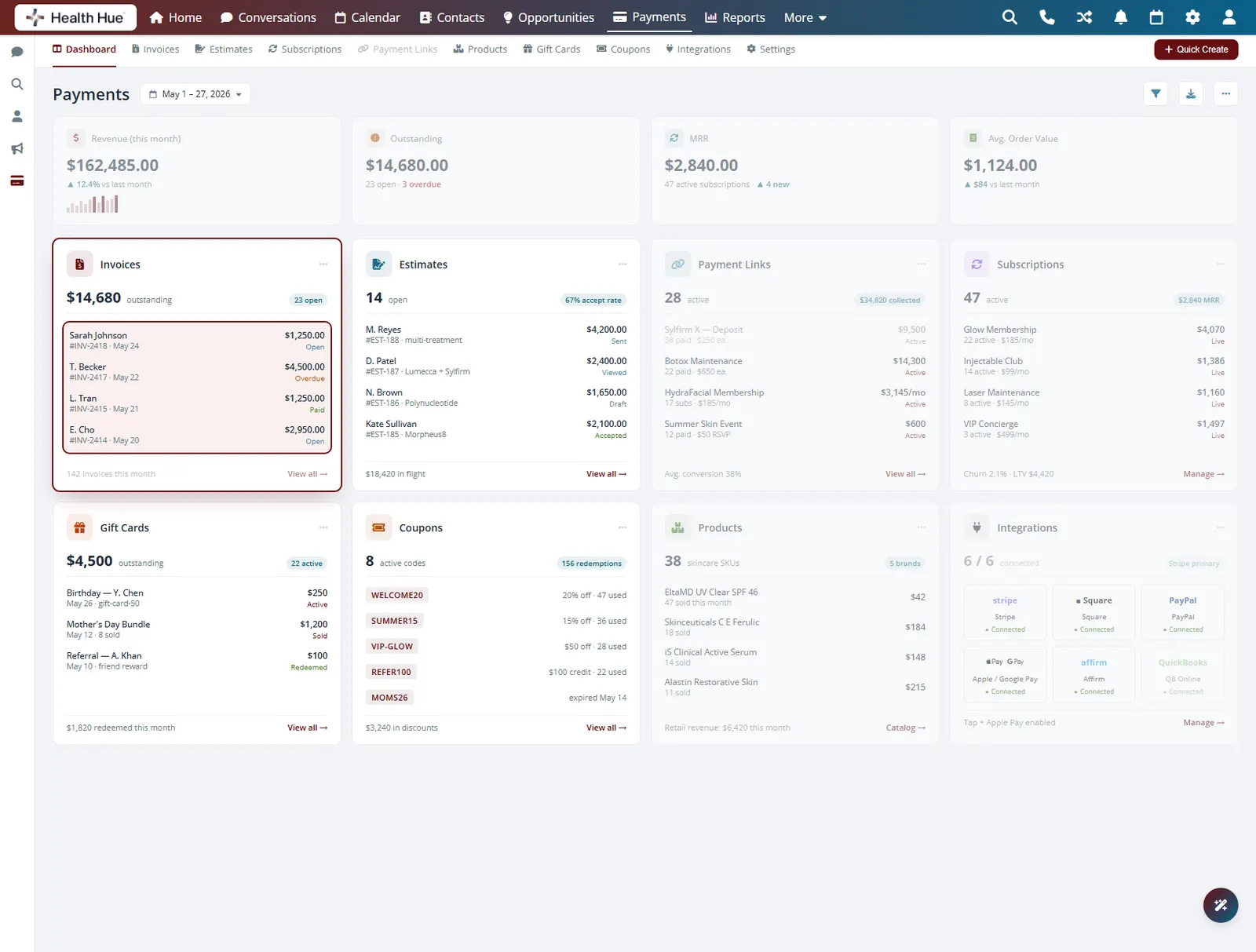 The itemised invoice rows highlighted inside the Invoices card on the Health Hue Hub payments dashboard.
